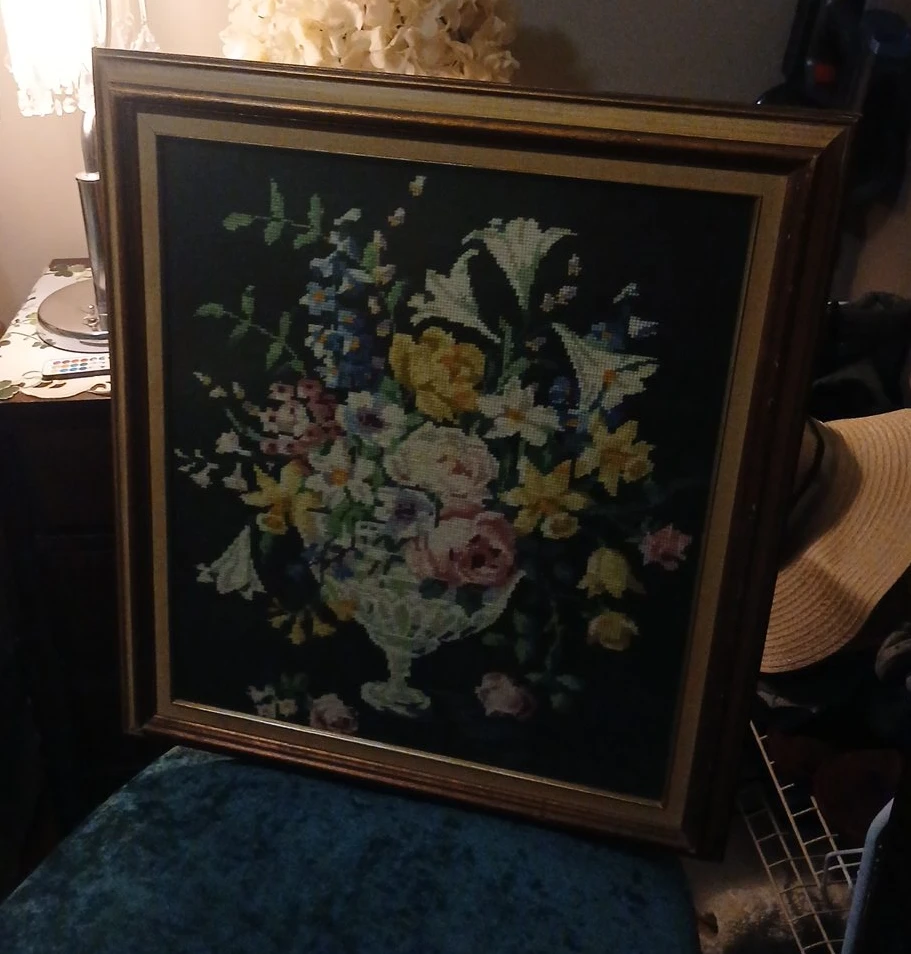 Framed Floral Needlepoint Art thumbnail
