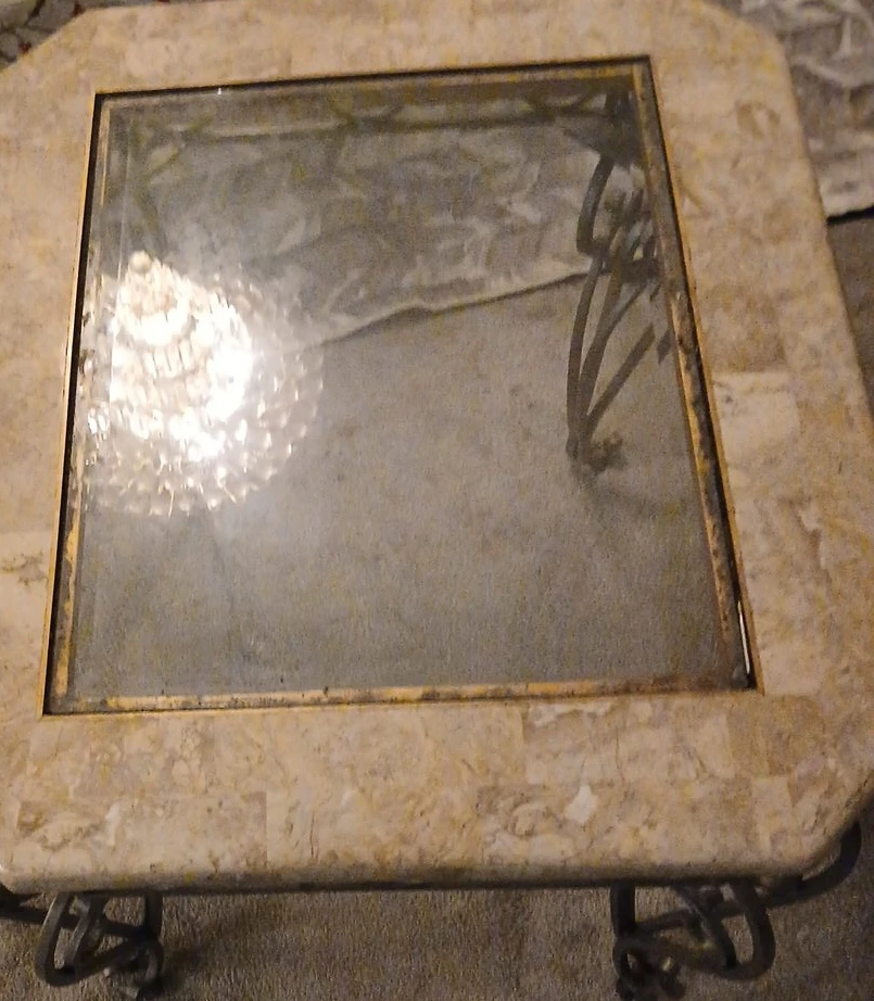 Square Coffee Table with Stone Mosaic and Glass Top