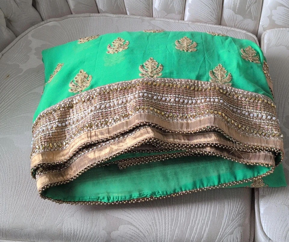Only Green Chiffon Saree with Gold Embroidery