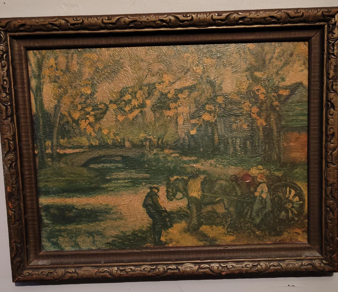 Framed Landscape Oil Painting with Horse and Cart