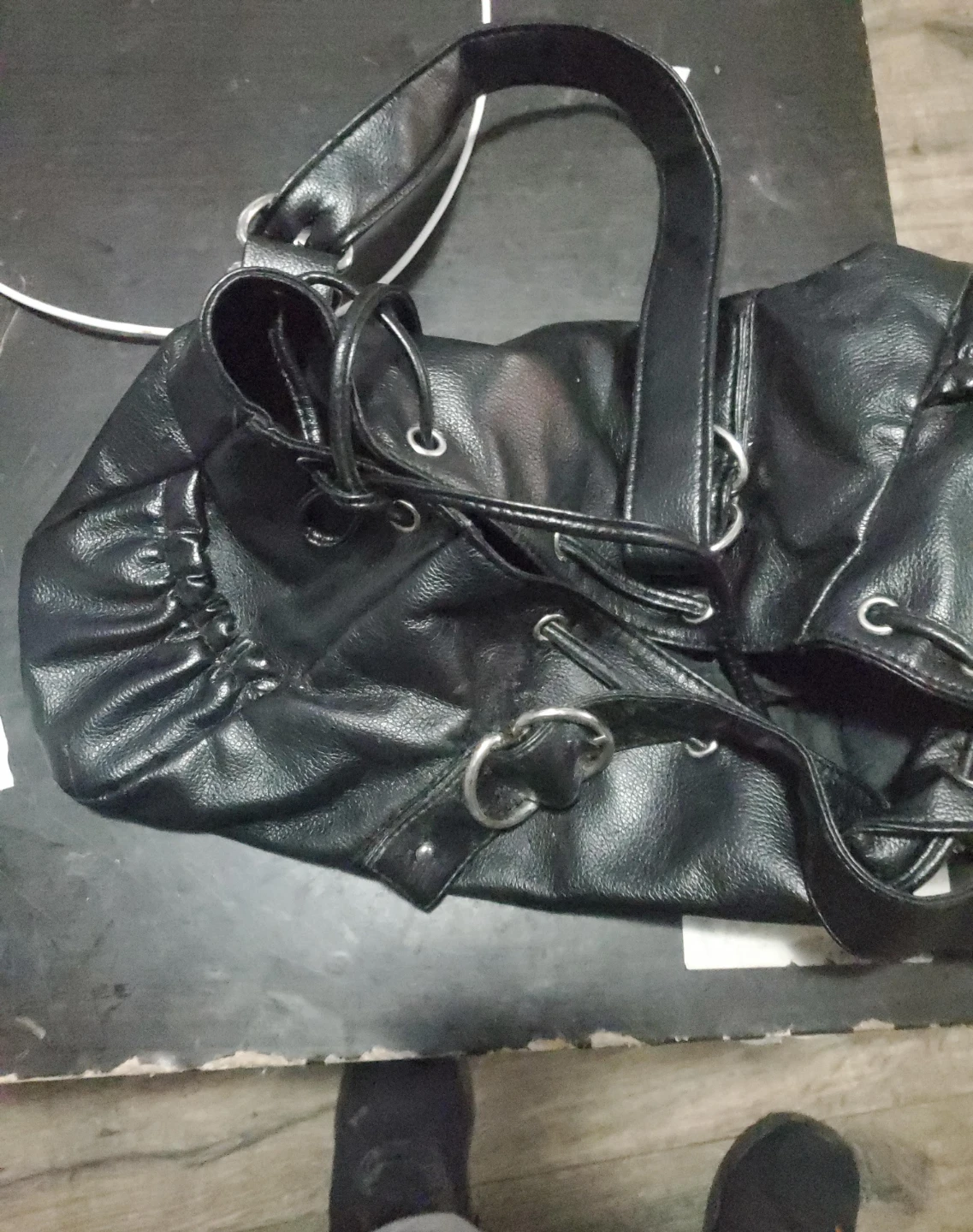 Black Leather Drawstring Bucket Bag