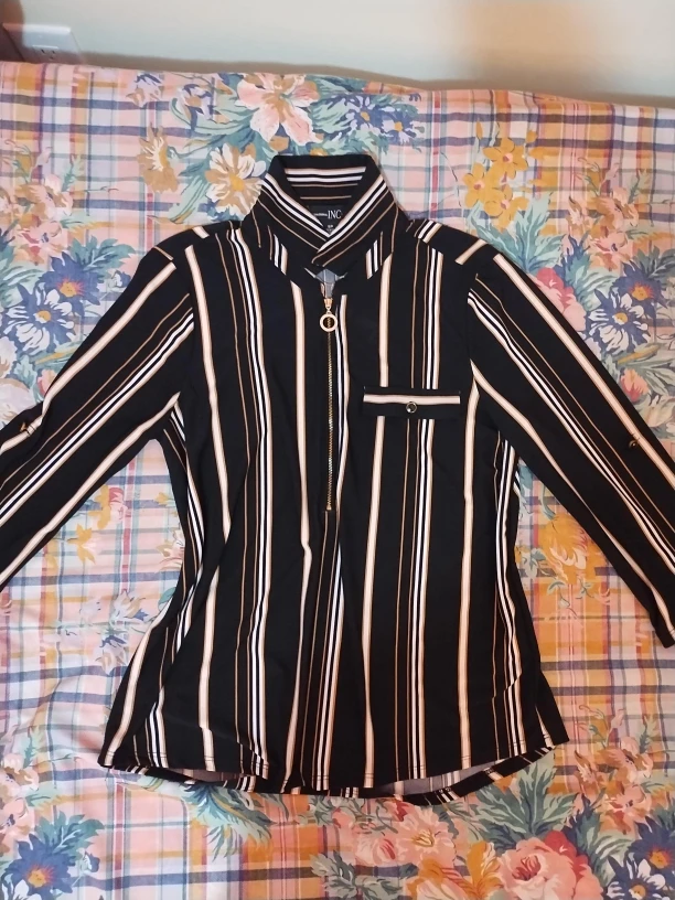 INC International Concepts Striped Quarter-Zip Top - S