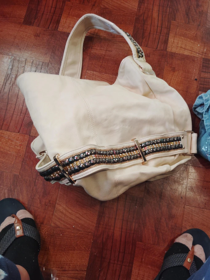 Cream Hobo Bag with Rhinestone Detail
