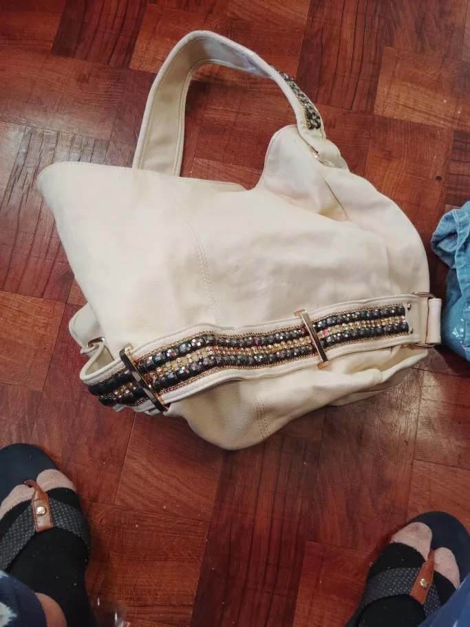 Cream Hobo Bag with Rhinestone Detail