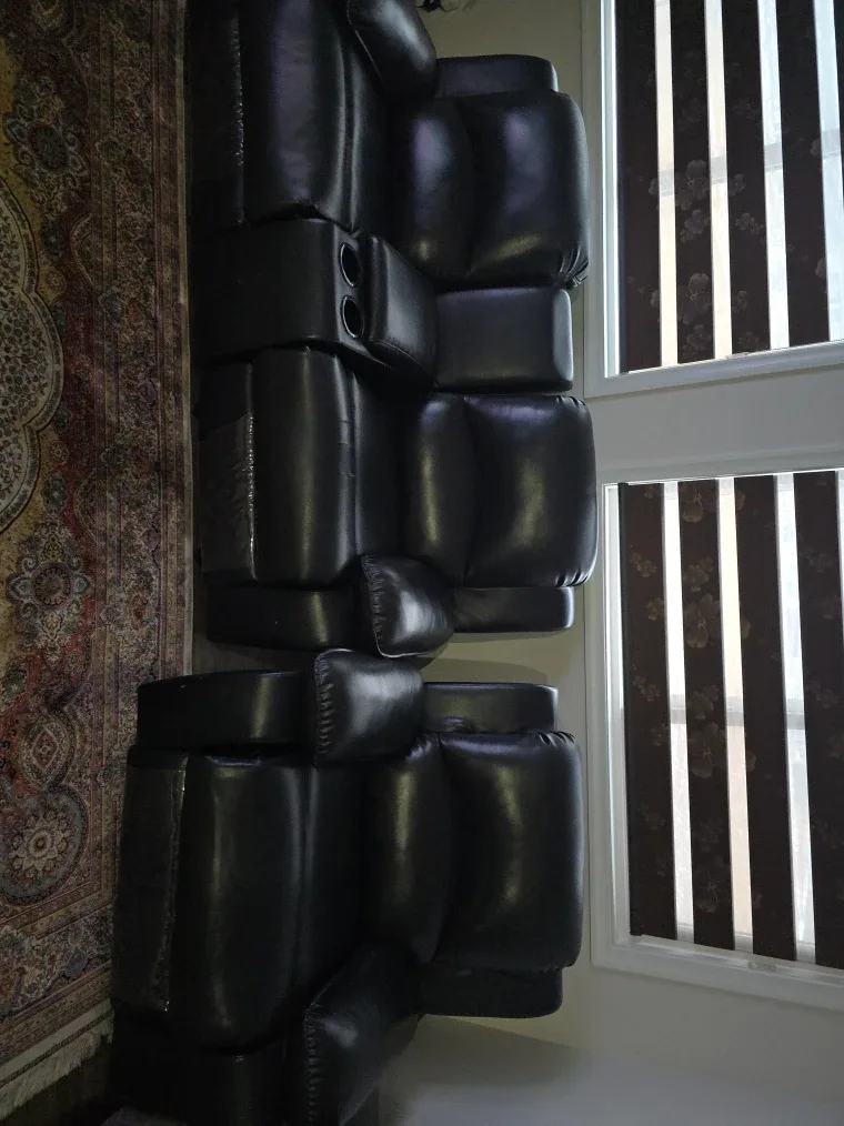 Black Leather Reclining Sofa with Cup Holders