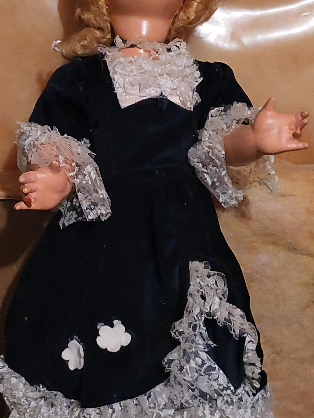 Vintage Doll with Blue Velvet Dress