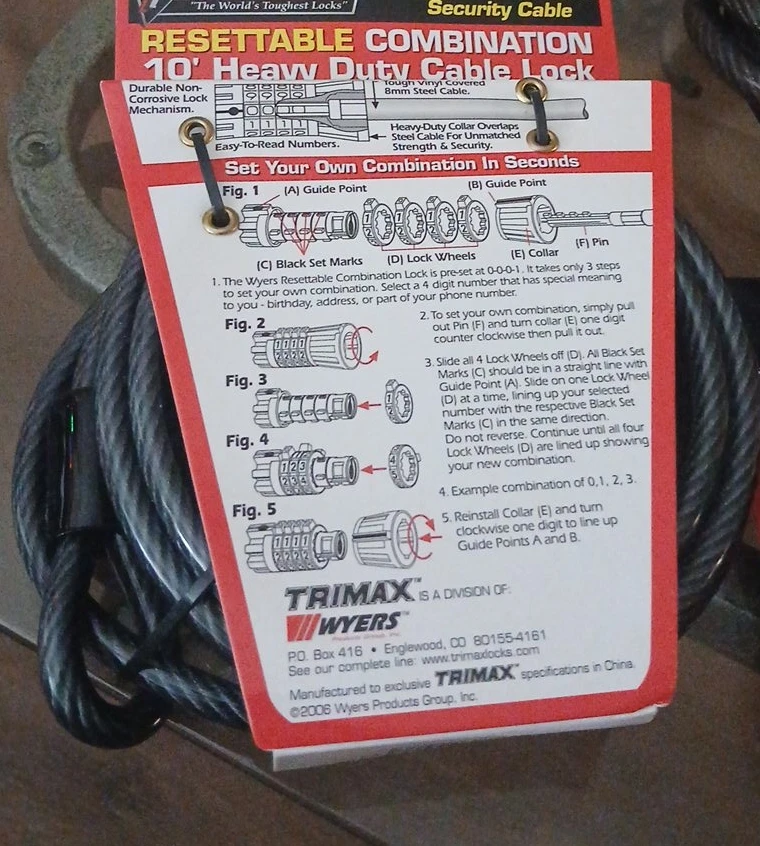 Trimax 10' Heavy Duty Resettable Combination Cable Lock