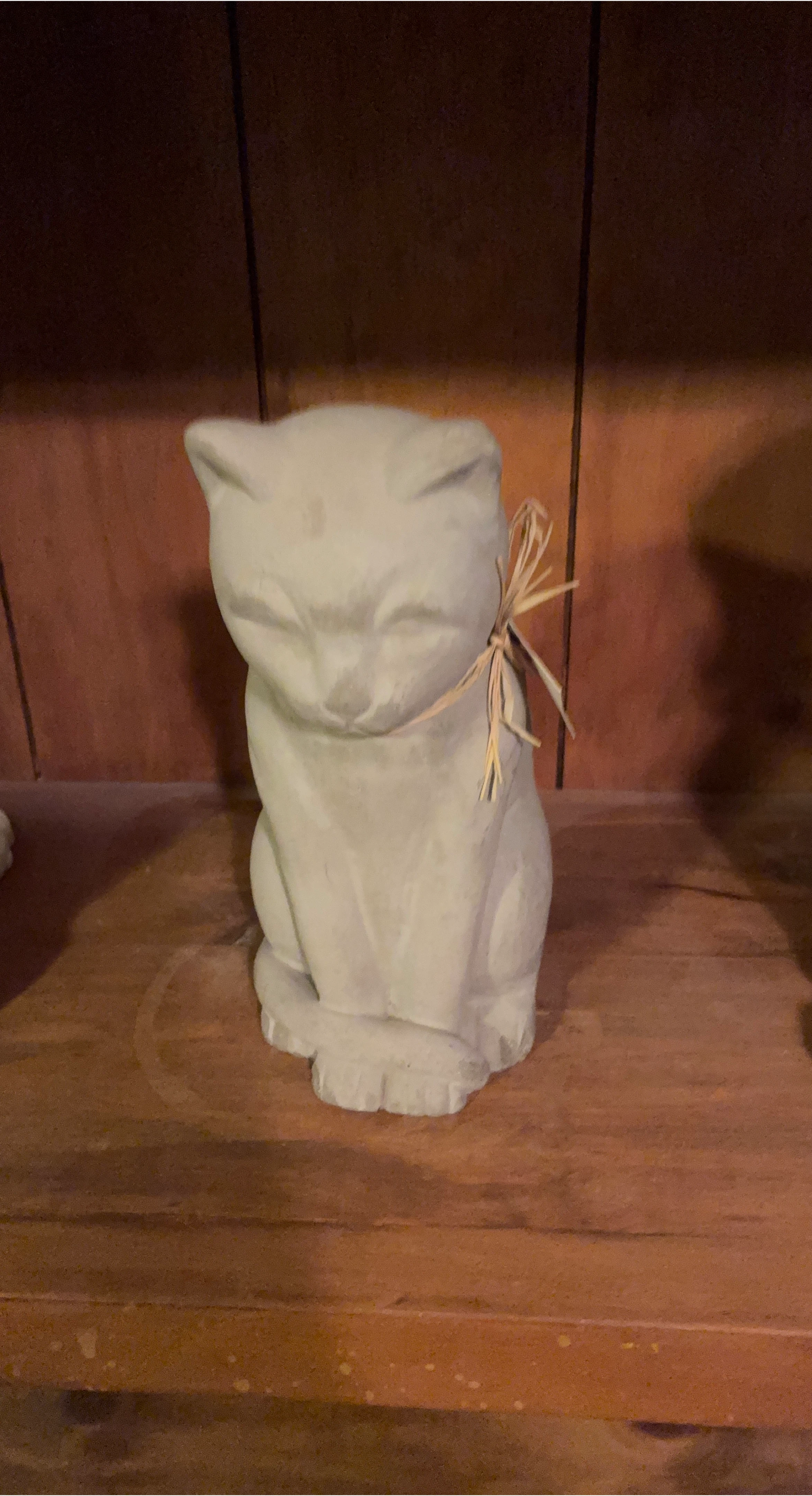 Cute Cat Statue with Raffia Ribbon