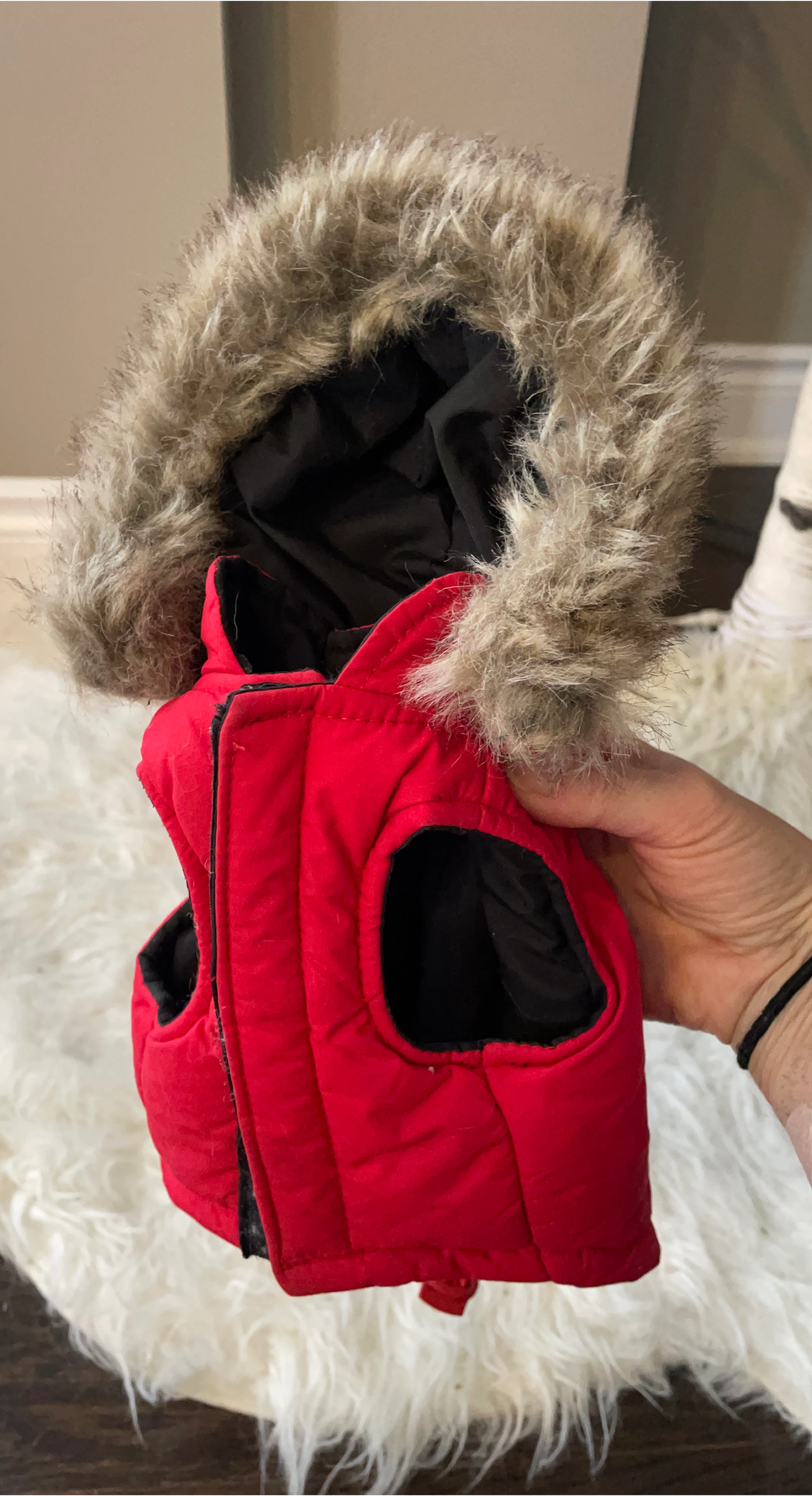 Red Dog Winter Vest with Furry Hood