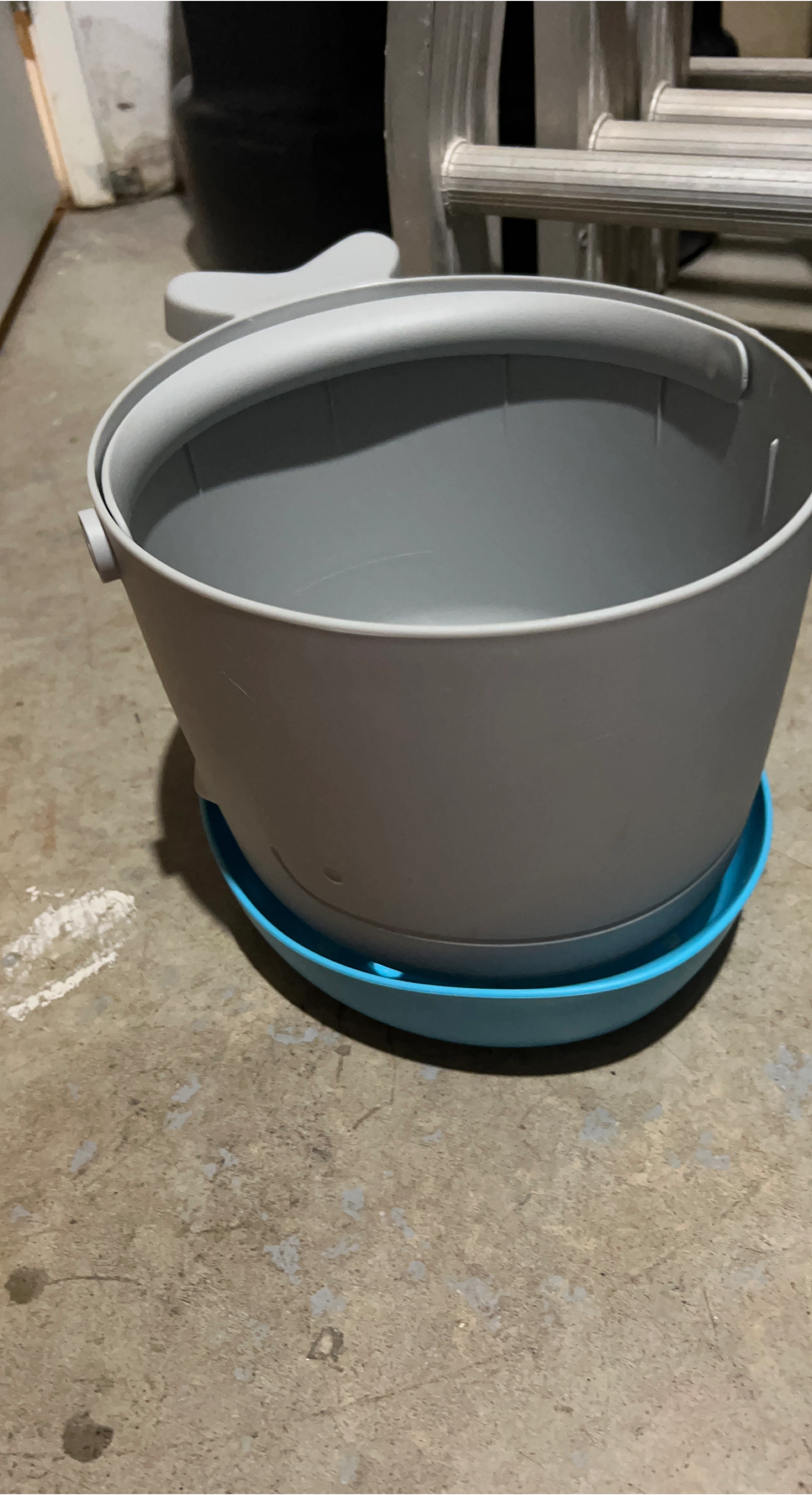 Grey Plastic Flower Pot with Blue Tray
