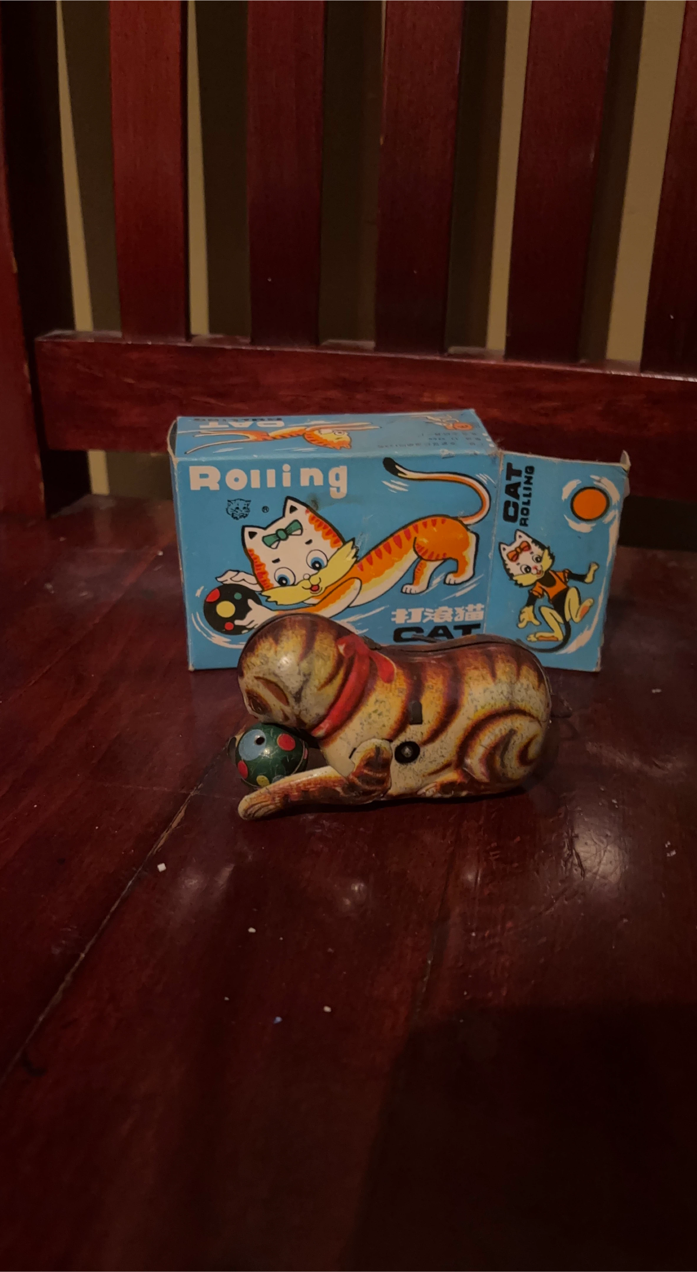 Vintage Rolling Cat Tin Toy with Box