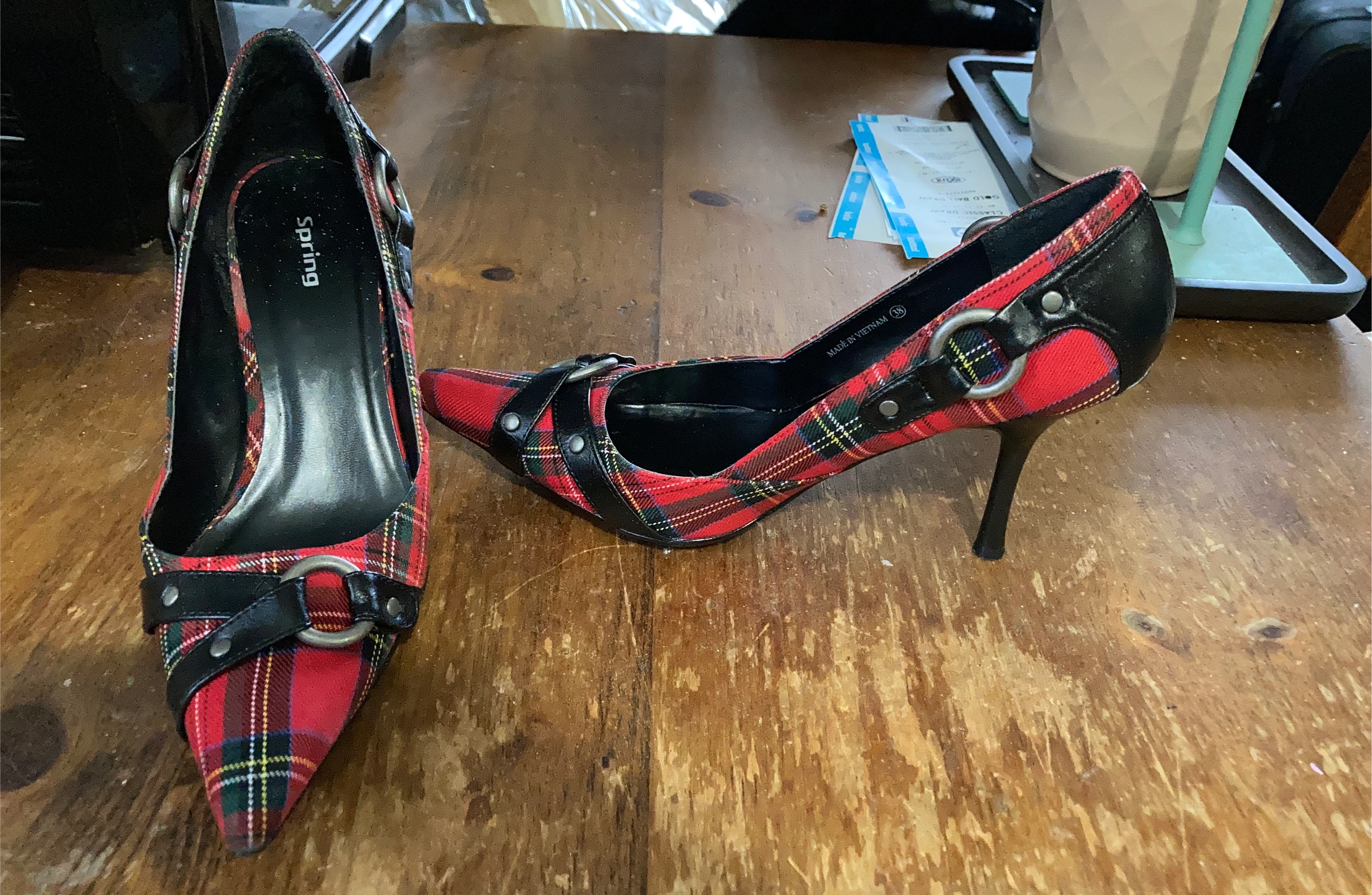 Spring Red Plaid Heels - Size 38