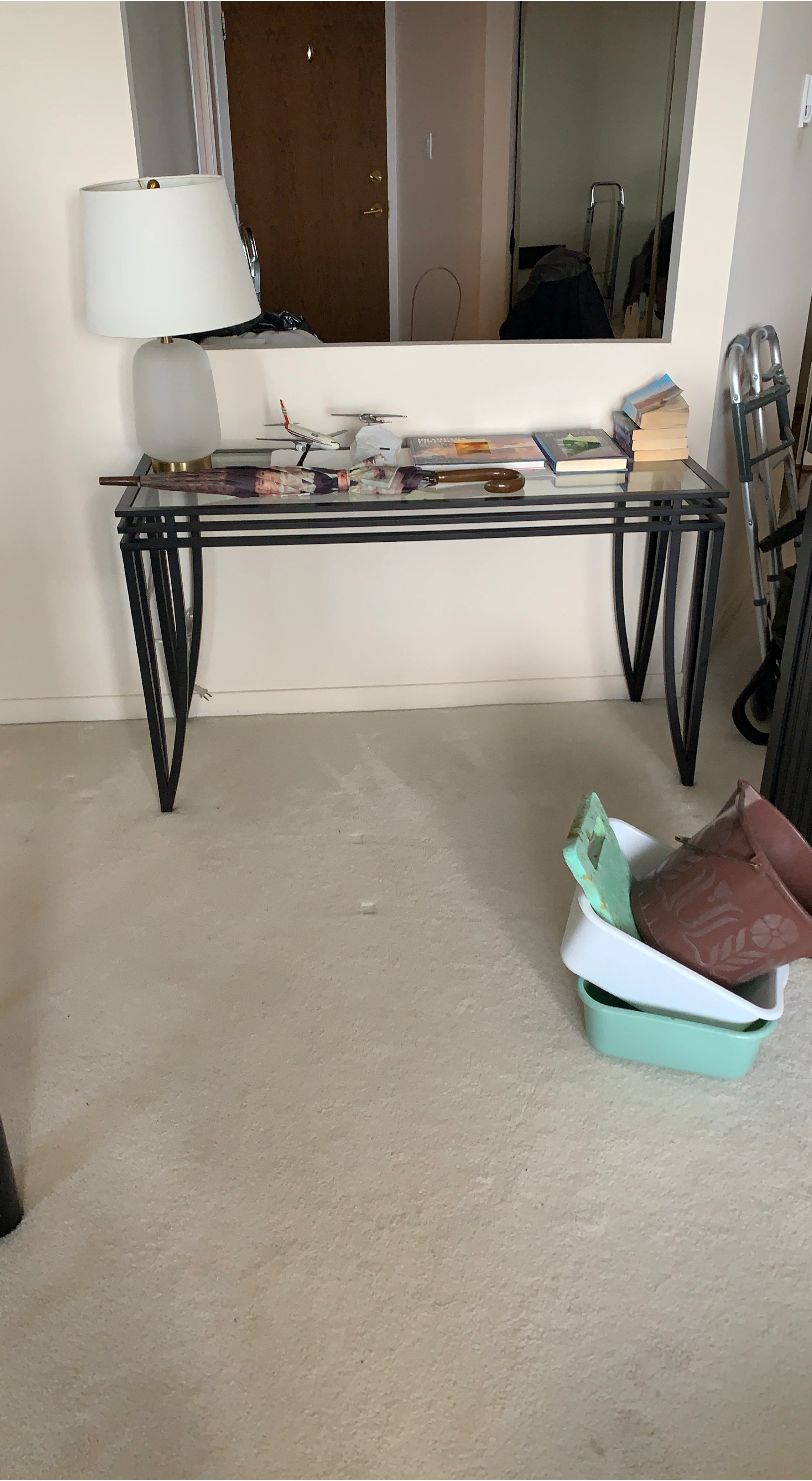 Glass Top Console Table with Black Metal Frame