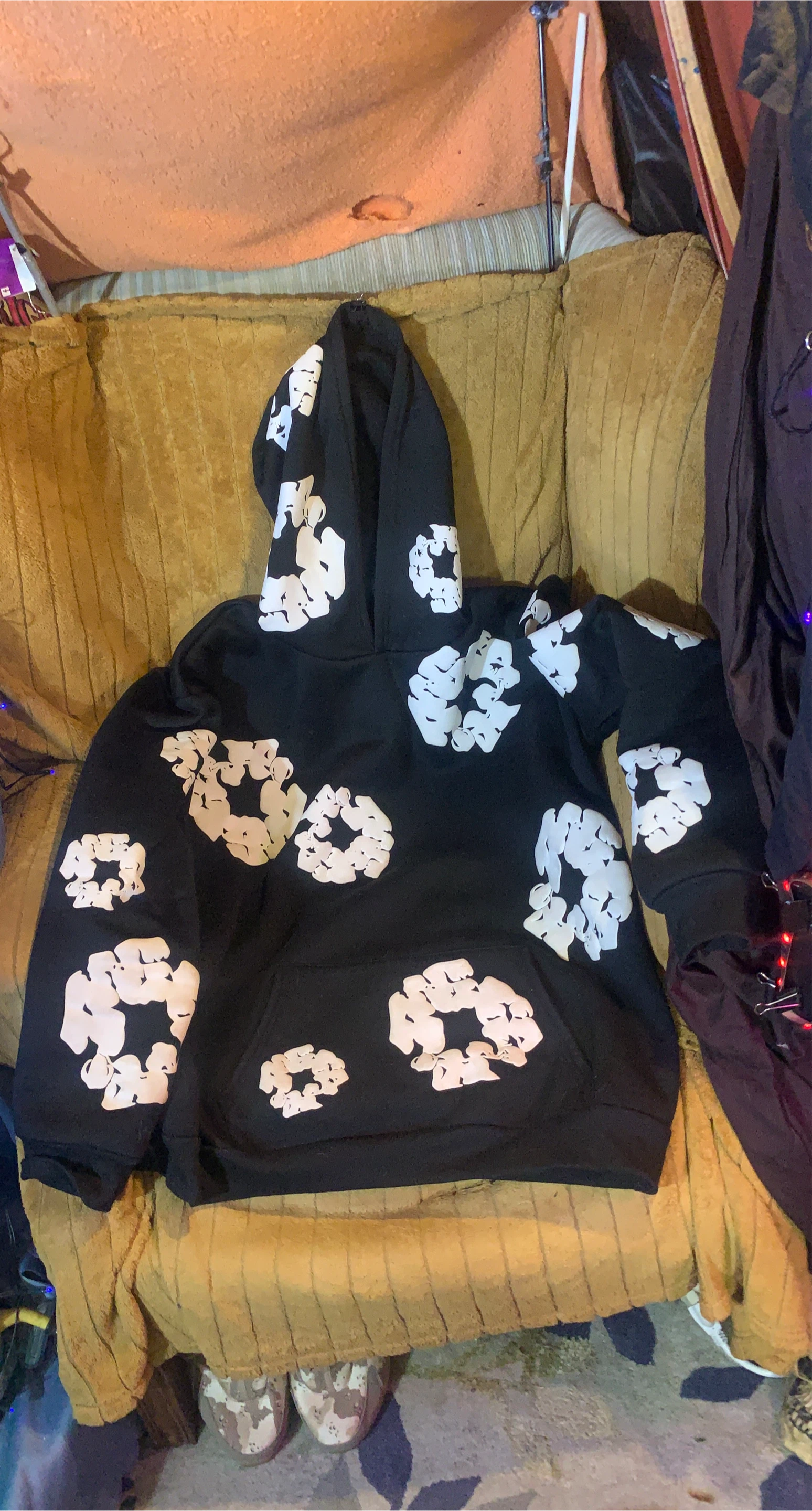 Black Hoodie with White Floral Design