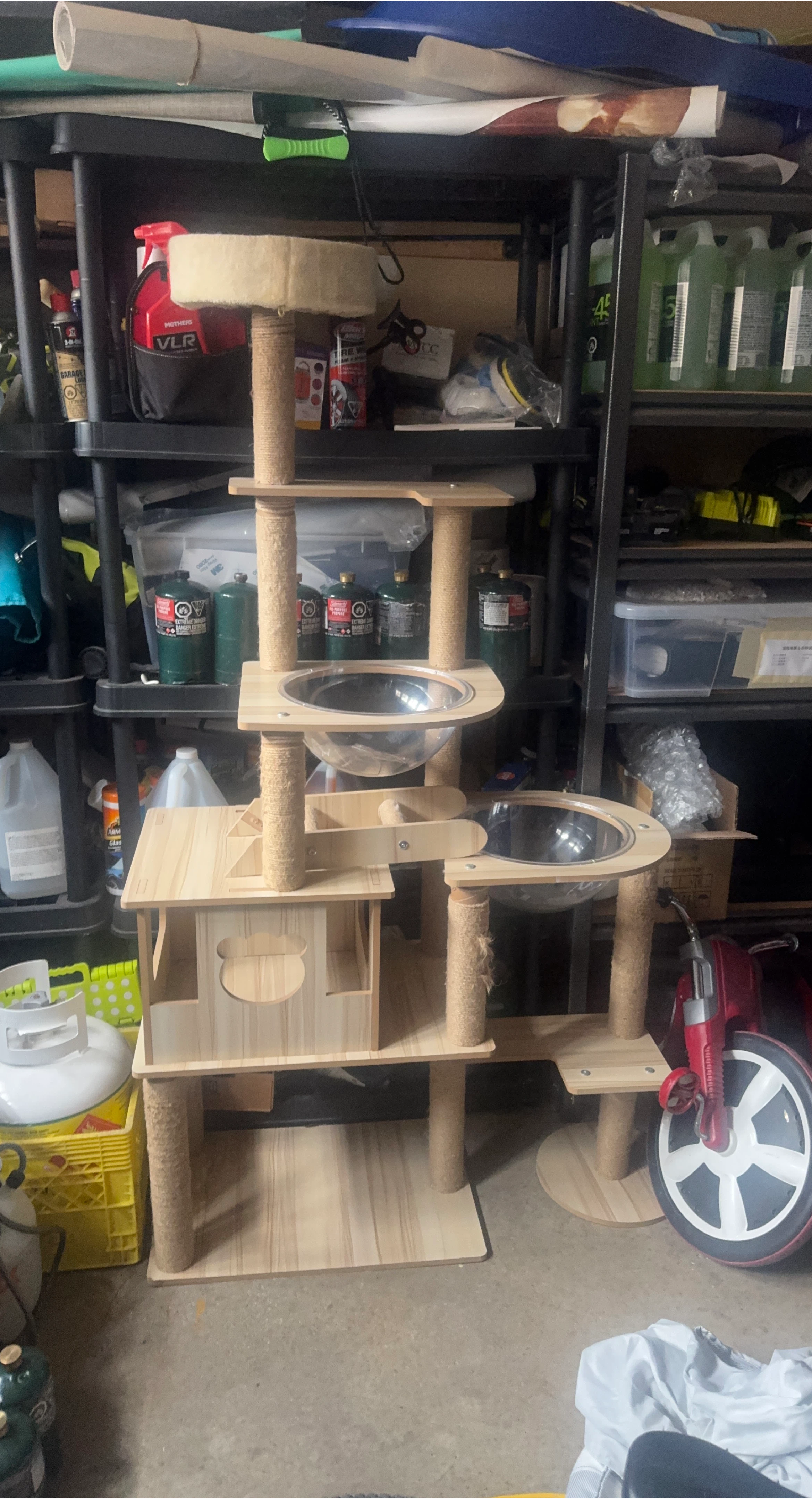 Wooden Cat Tree with Bowls and Condo