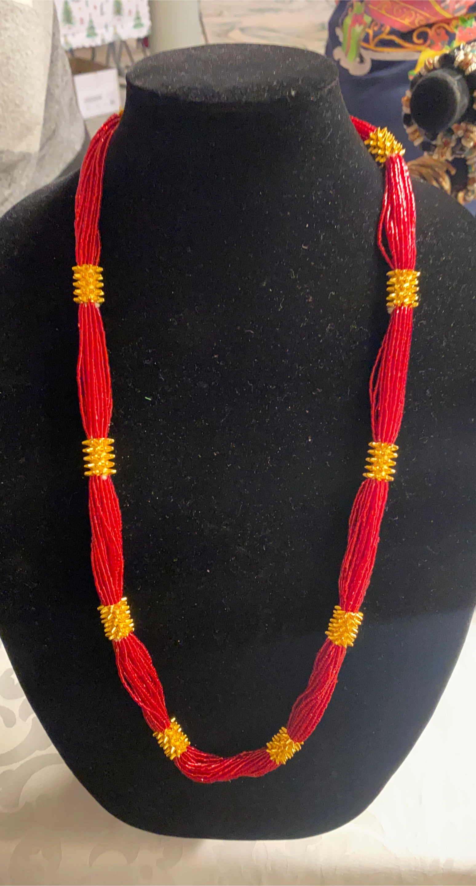 Red Beaded Necklace with Gold Accents