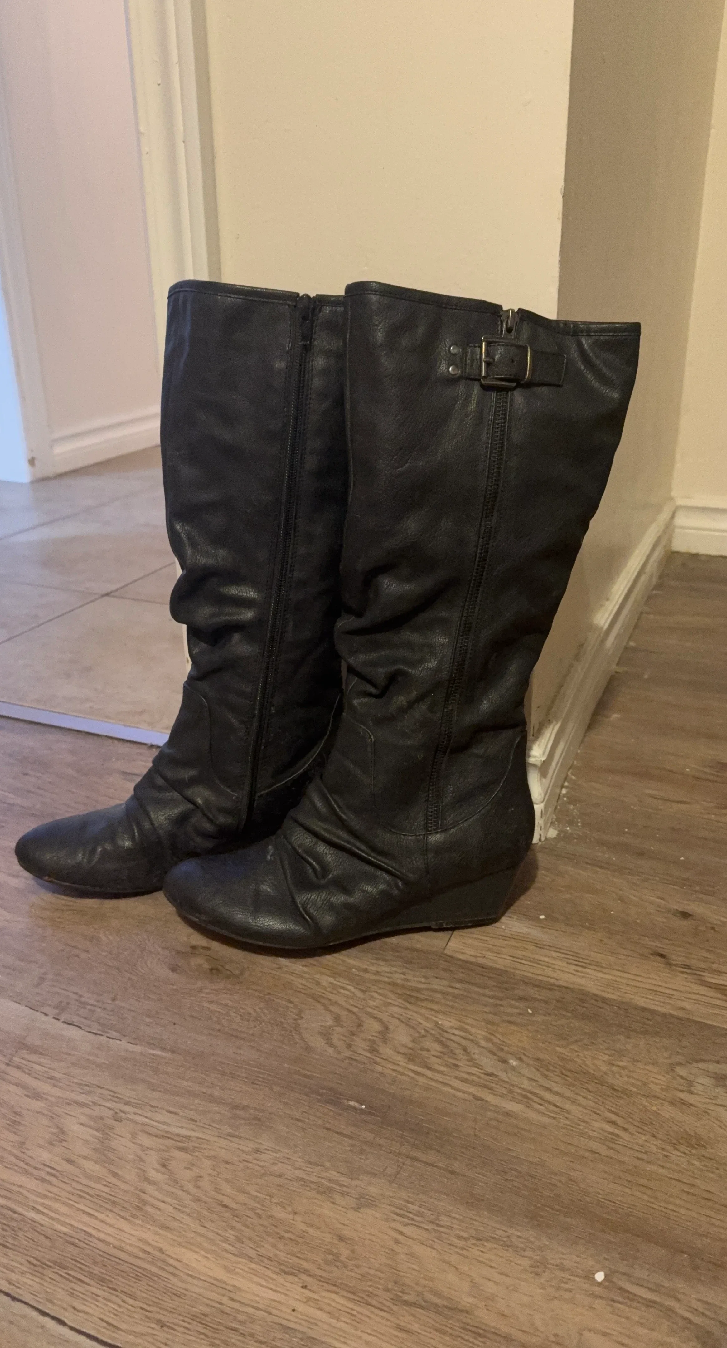 Black Wedge Knee High Boots