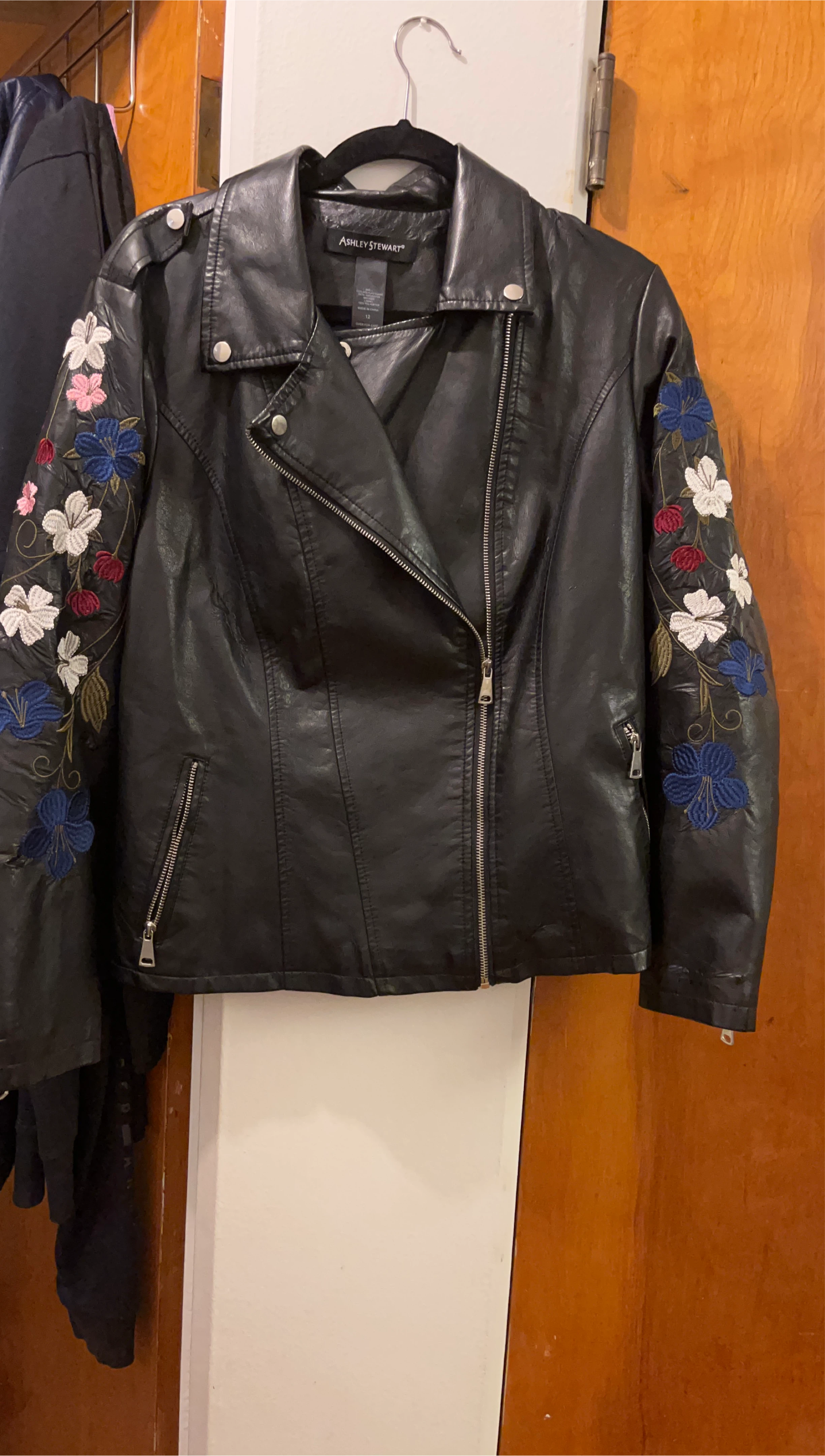 Faux leather embroidered zipper jacket