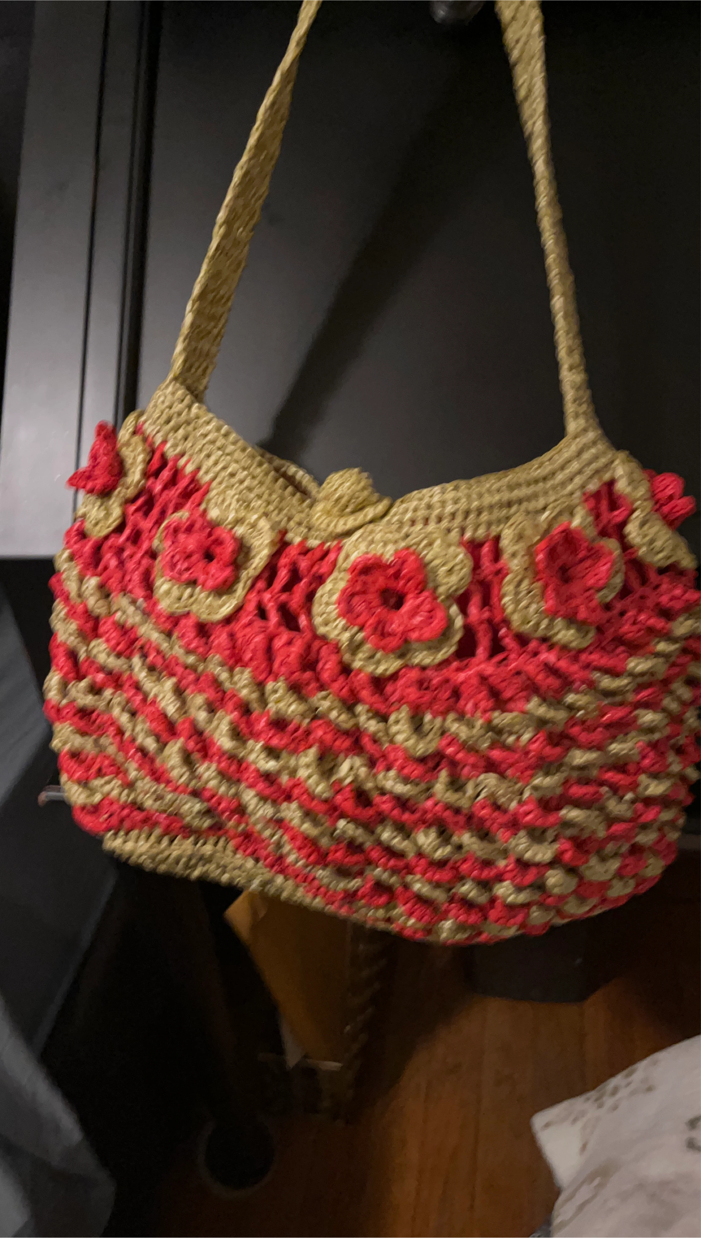 Handmade Crochet Shoulder Bag - Red & Gold