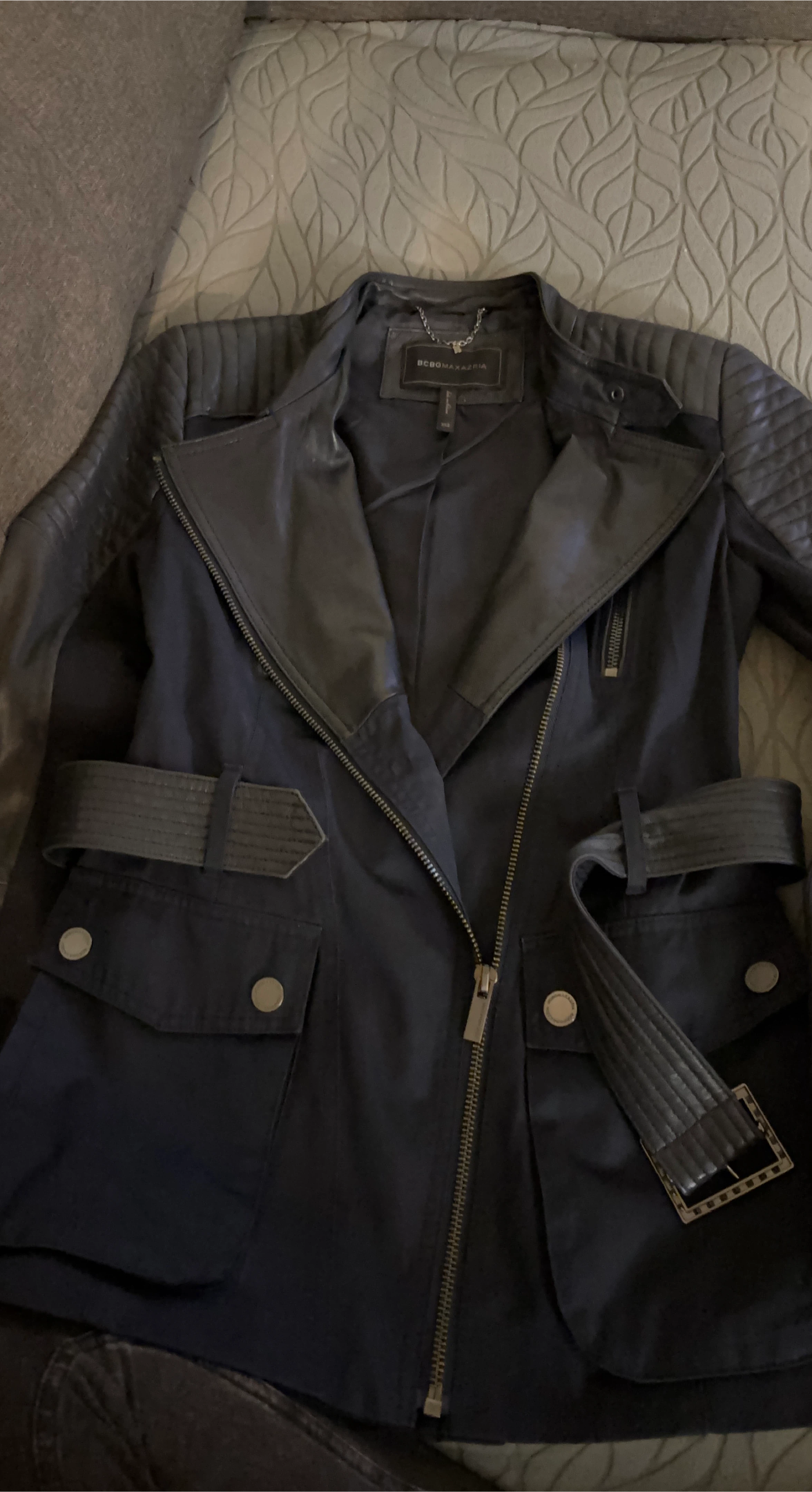 BCBGMAXAZRIA Leather/Knit Moto Jacket, XS