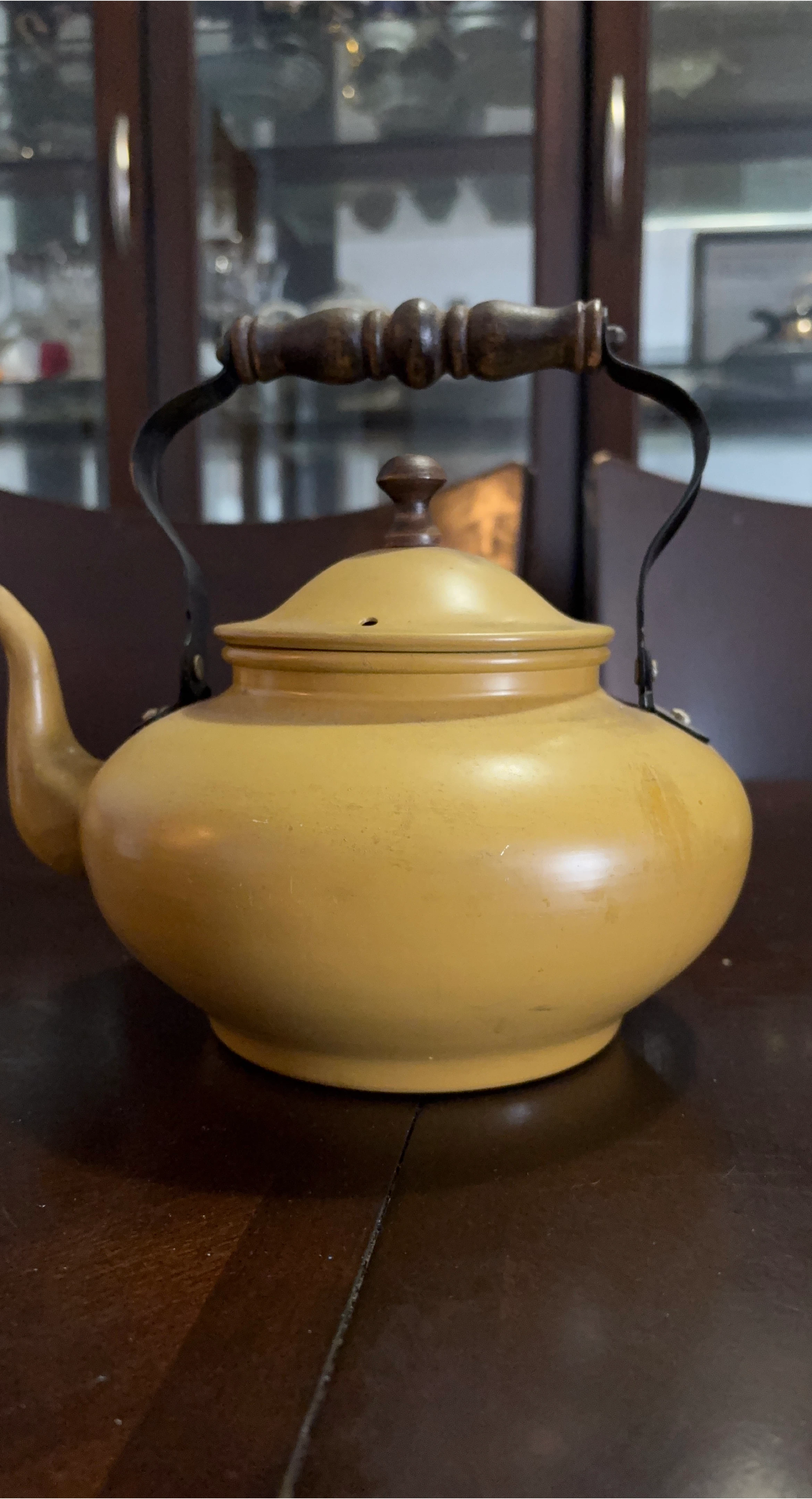#cleanout Yellow Ceramic Teapot with Wooden Handle