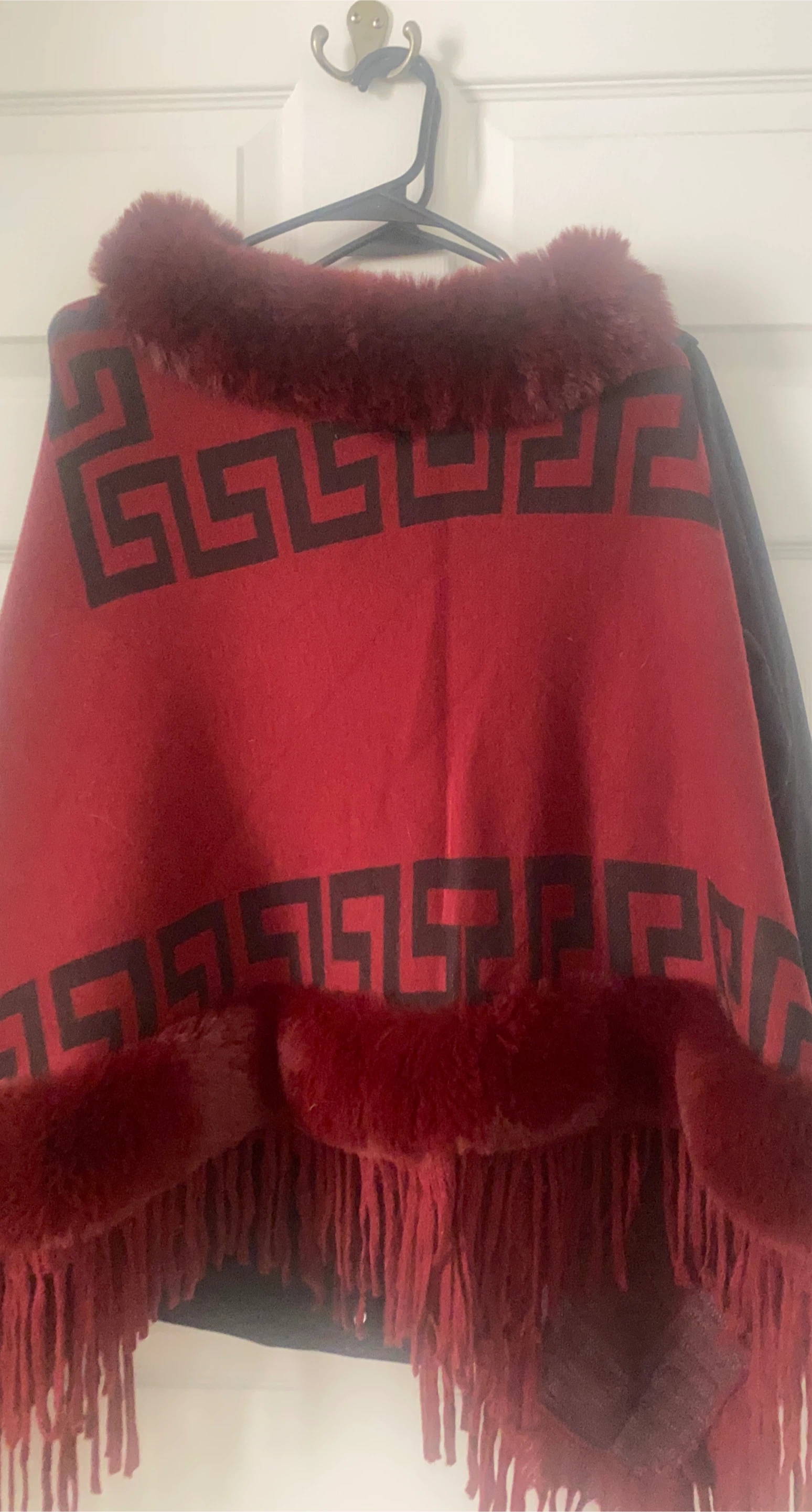 Fringed Poncho - Red with Fur Trim