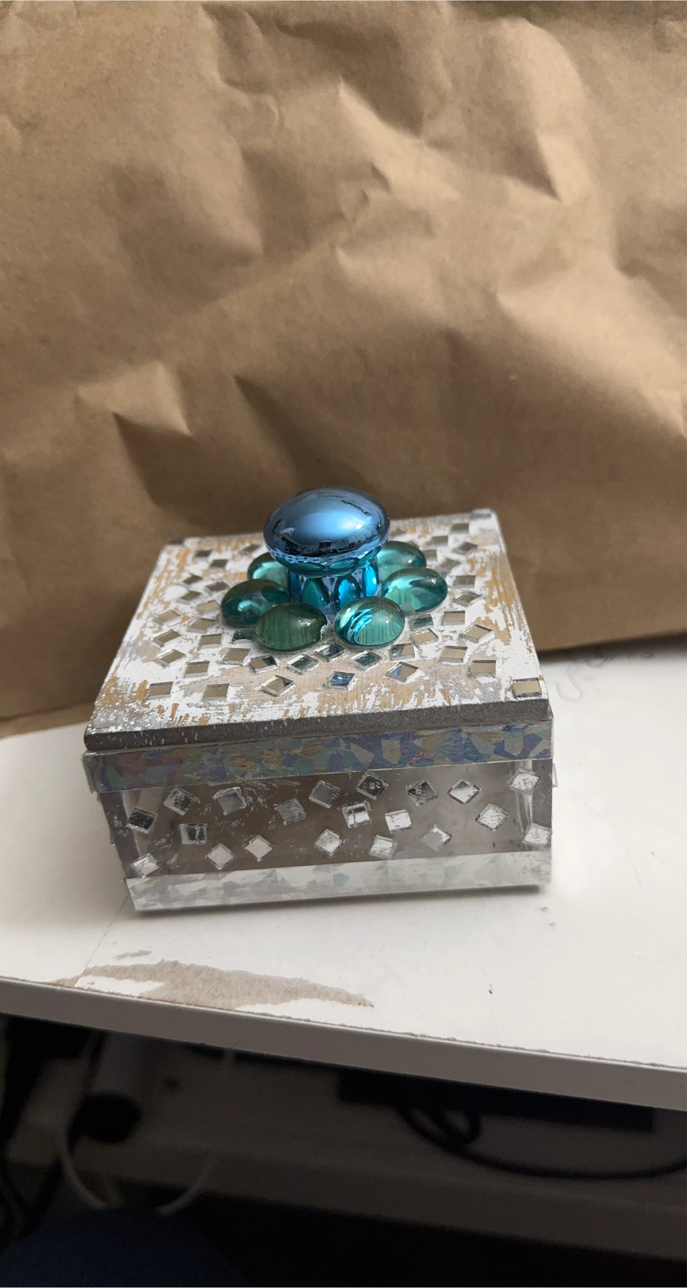 Decorative Trinket Box with Blue Glass Accents