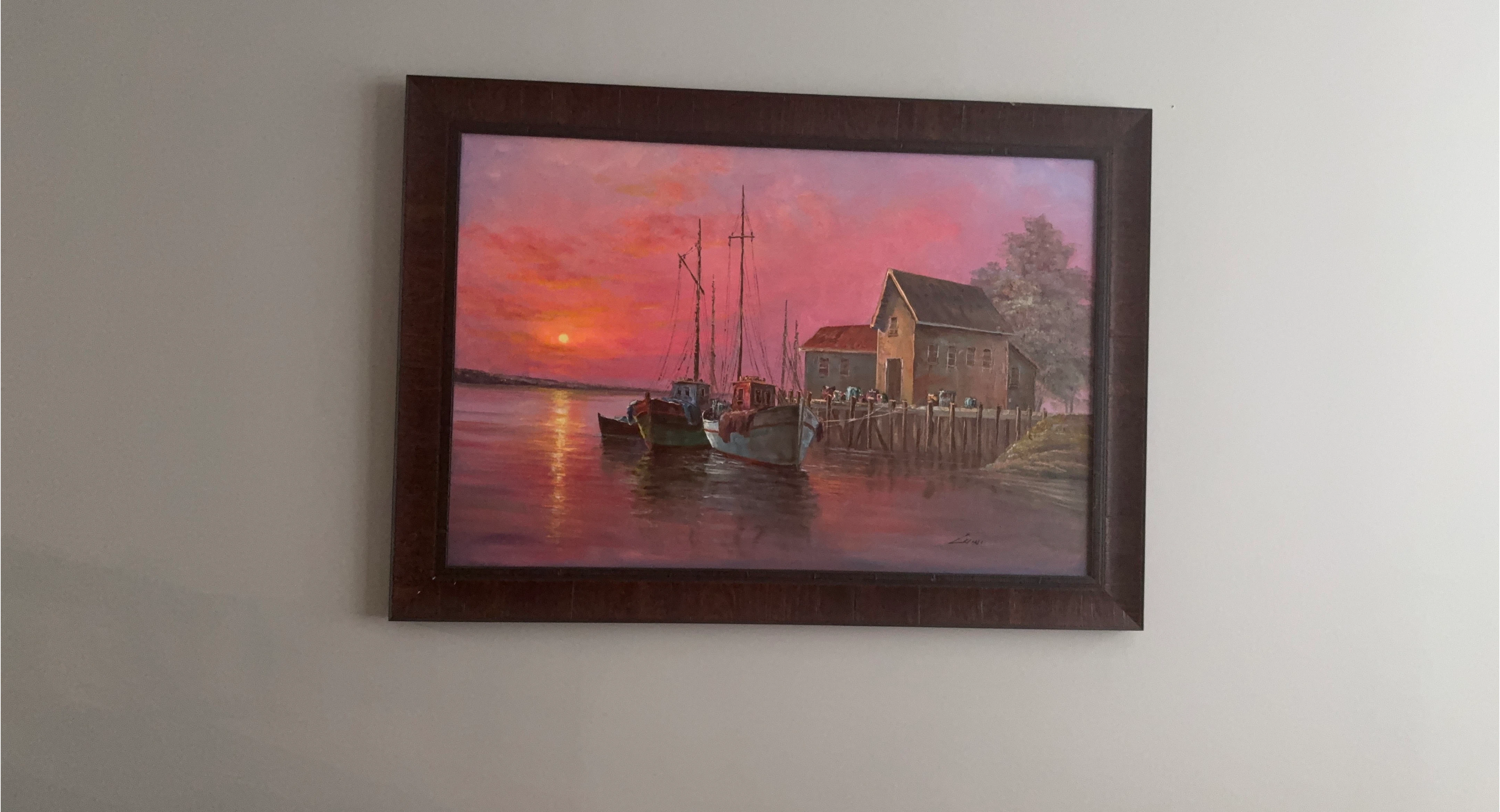 Framed Painting of Boats at Sunset