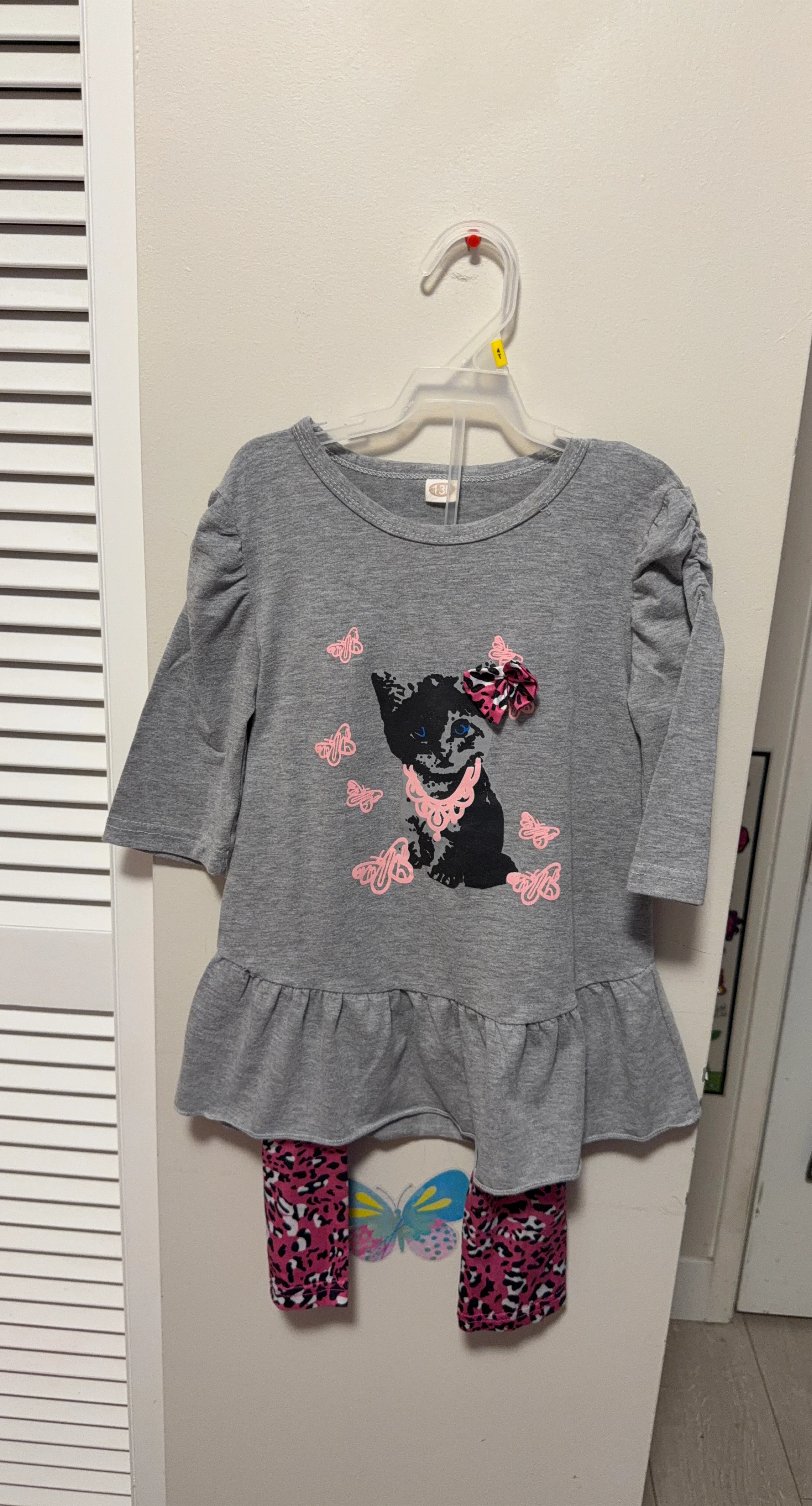 Girls Grey Cat Tunic & Leggings Set - Size 130 (Size 8)