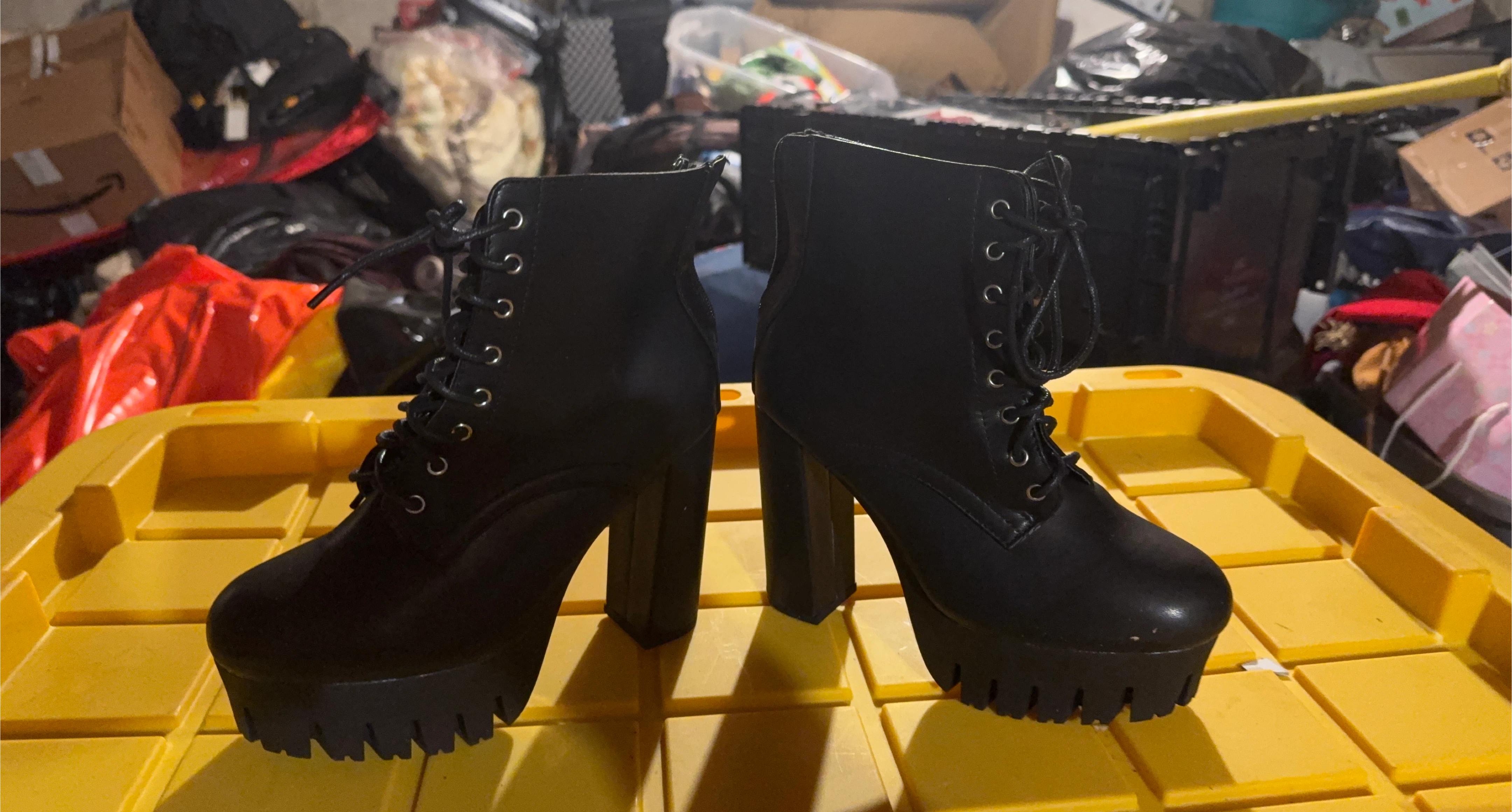 Black Platform Heel Lace-Up Boots