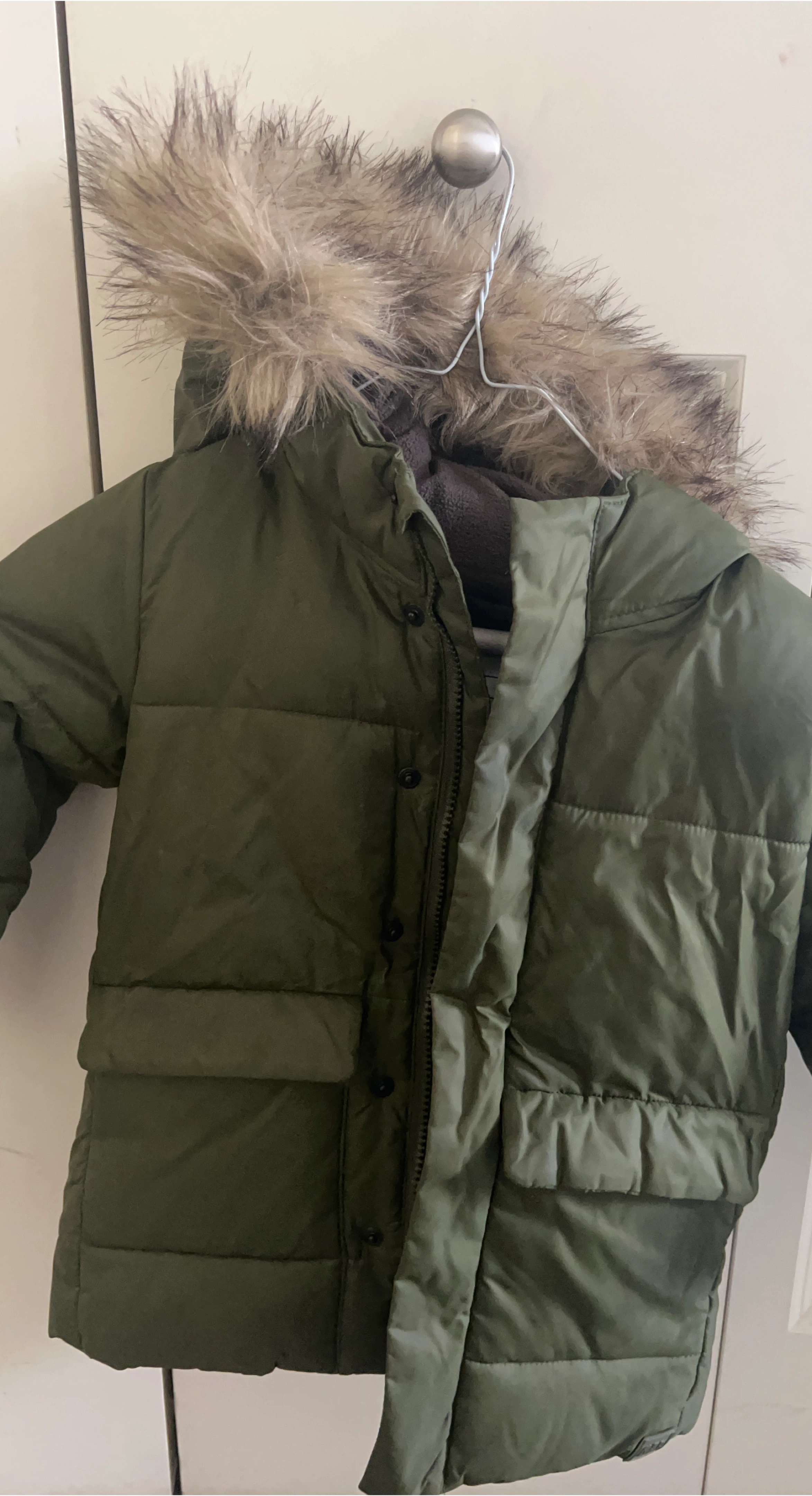 Boys Green Puffer Jacket with Faux Fur Hood