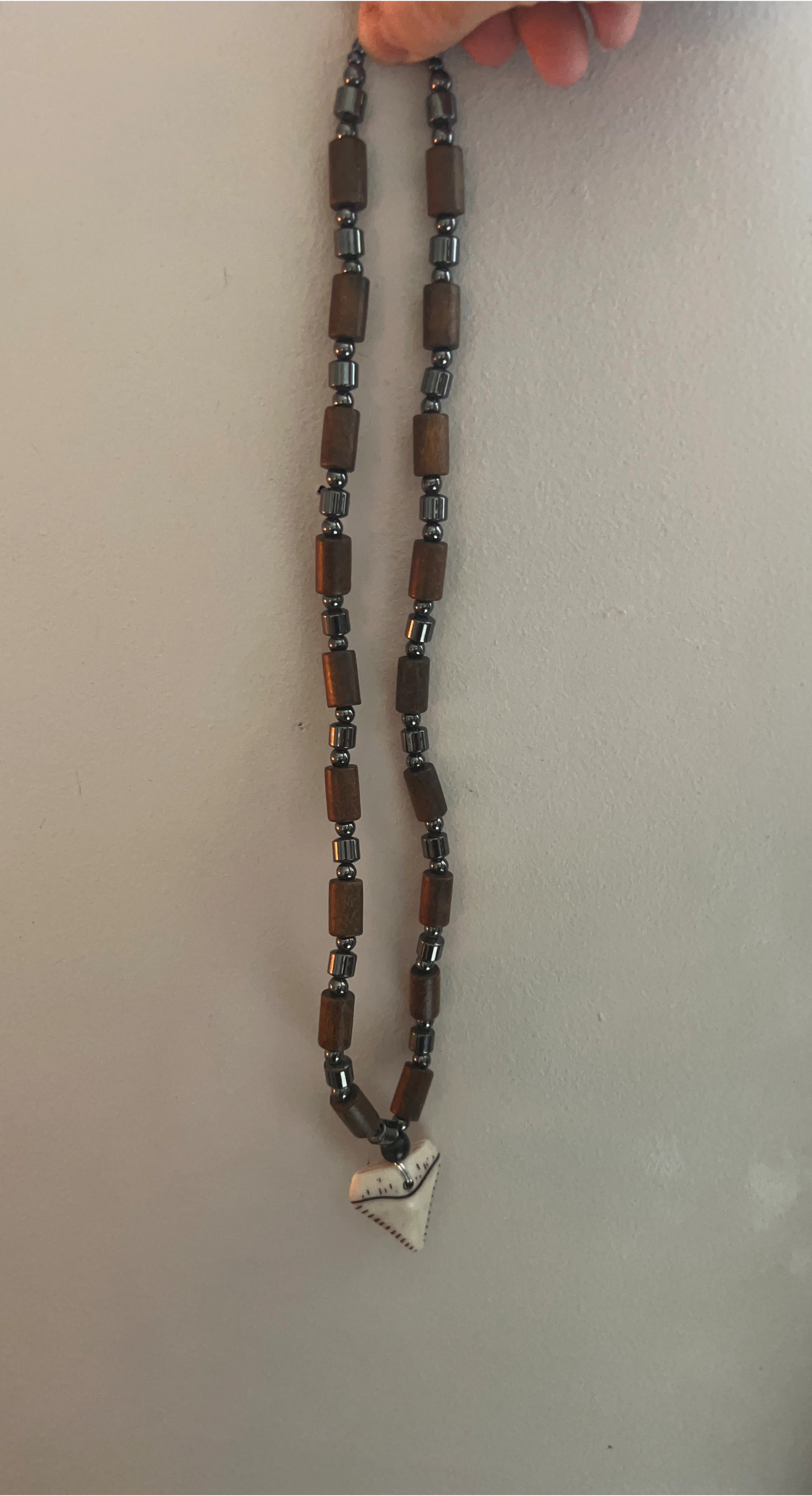 Wood & Hematite Shark Tooth Necklace