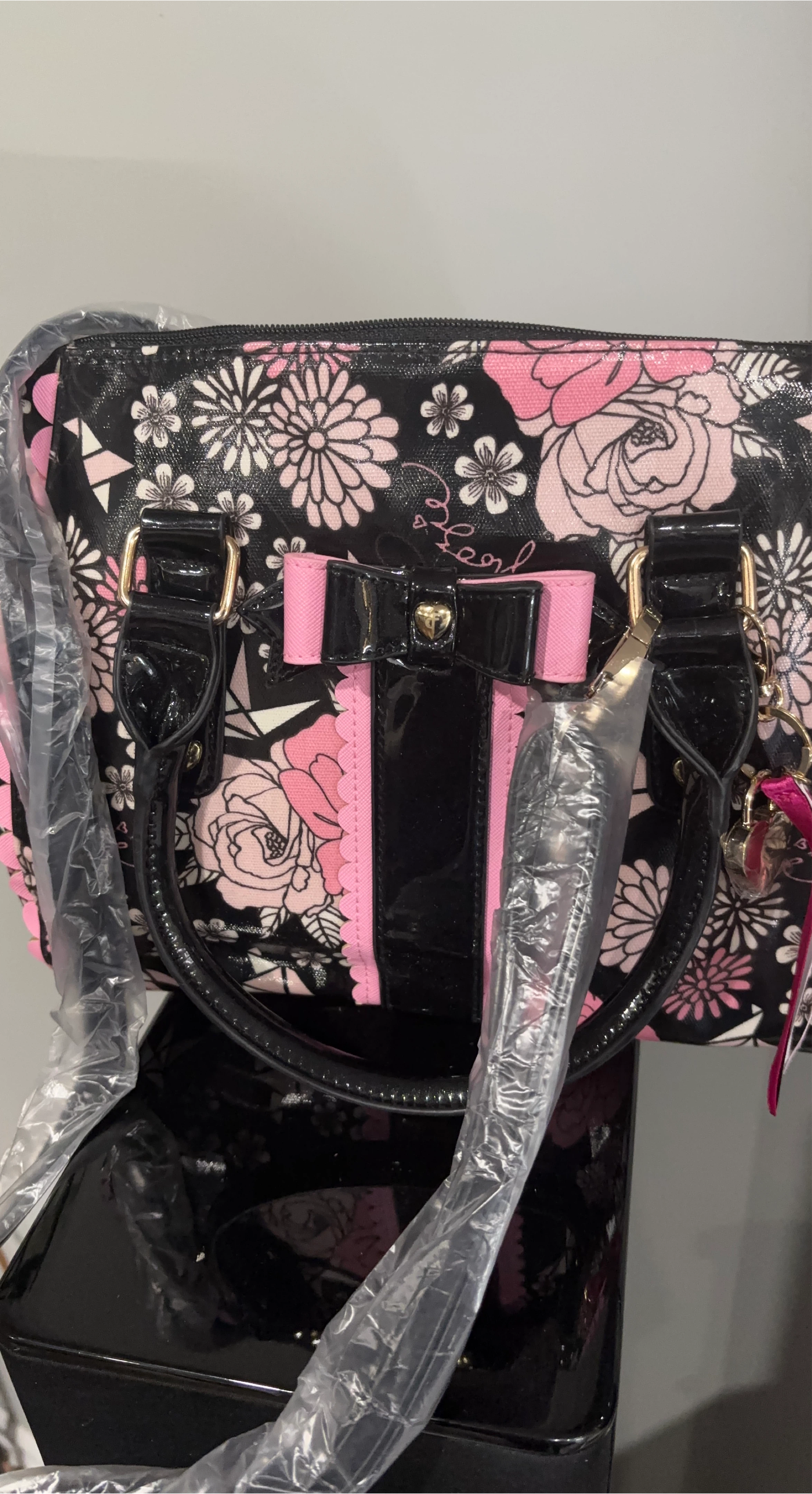 Betsey Johnson Floral Satchel - Black & Pink