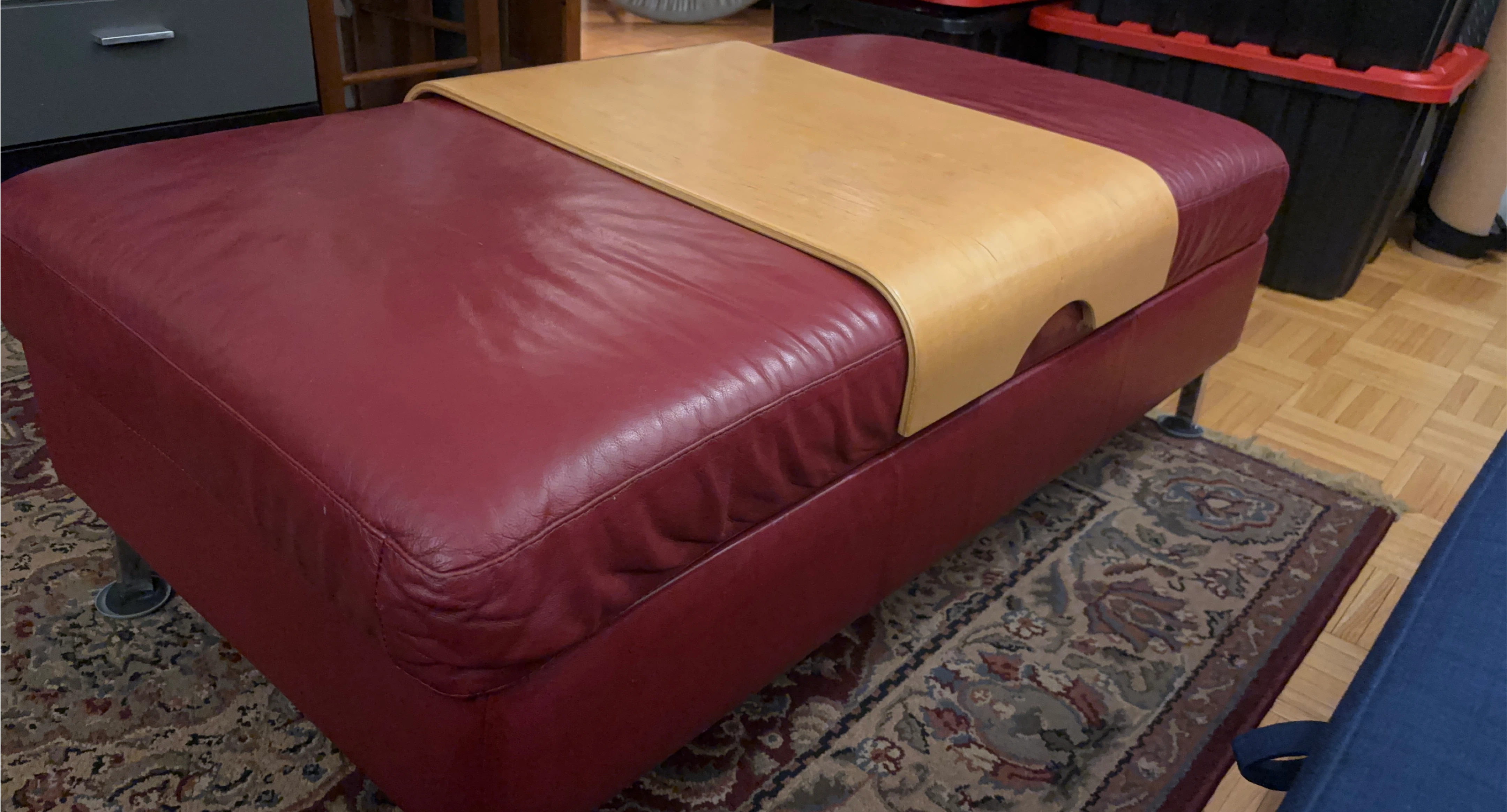 Red Leather Ottoman with Wooden Tray