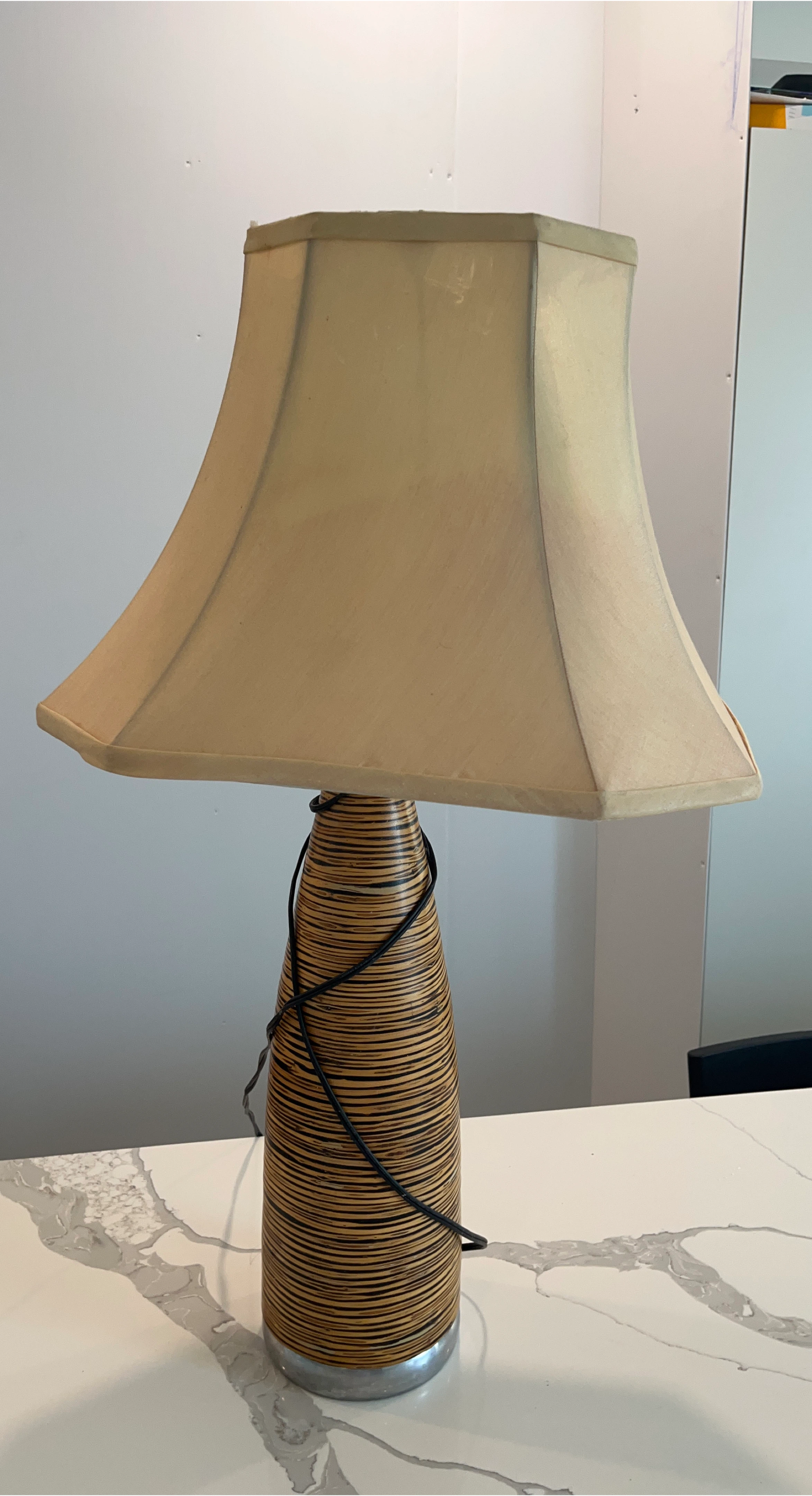 Vintage Table Lamp with Woven Base & Beige Shade