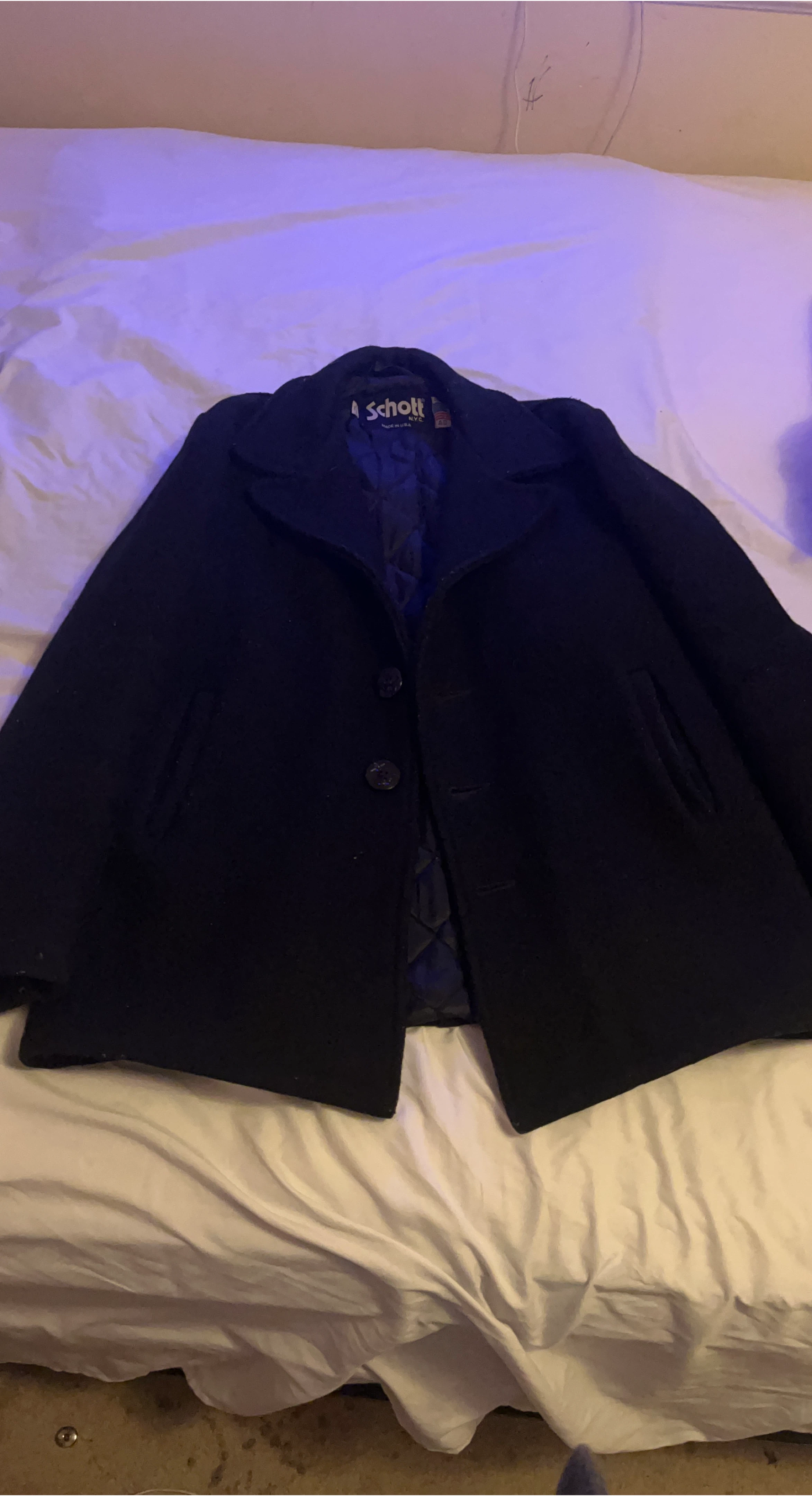 Schott NYC Black Pea Coat - missing a button