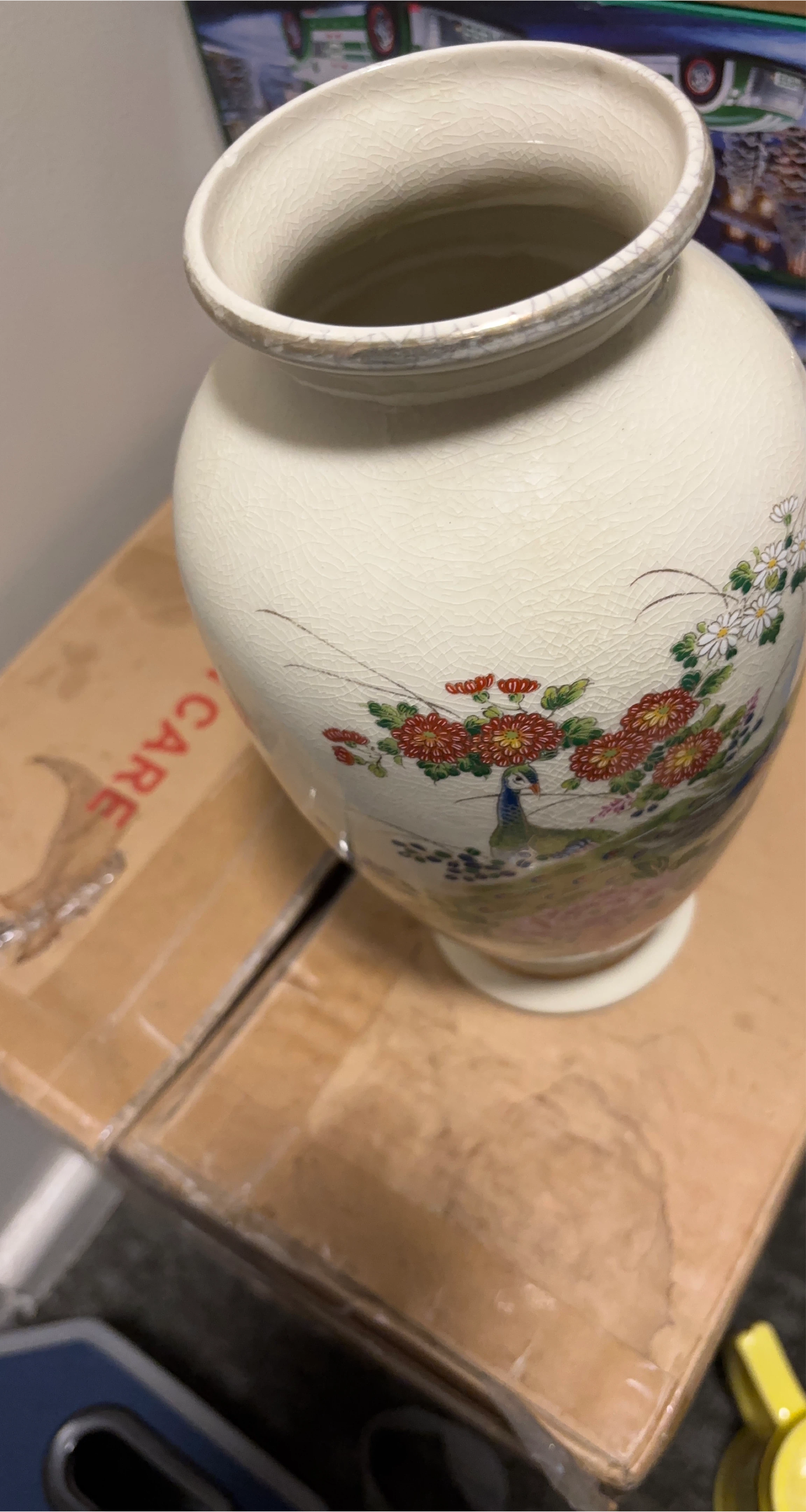 Vintage Ceramic Vase with Peacock and Floral Design