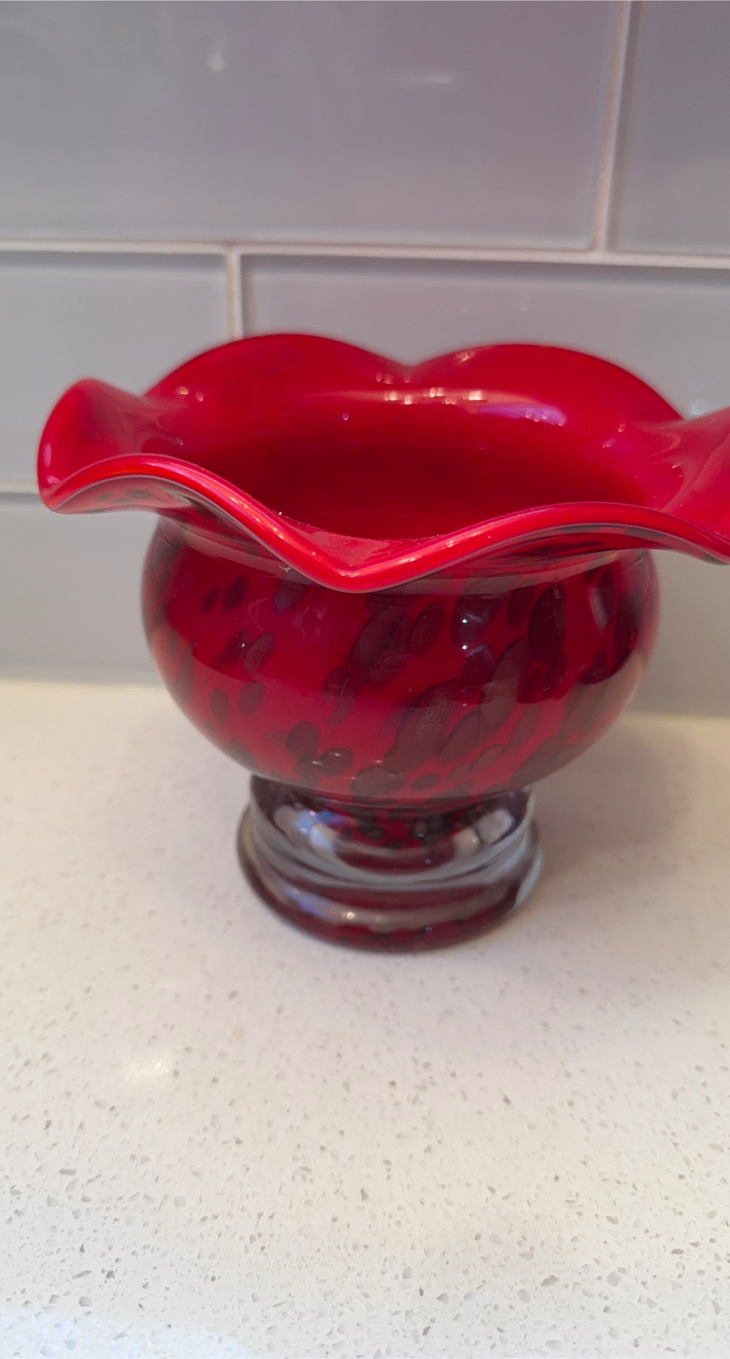 Red Glass Vase with Pedestal Base