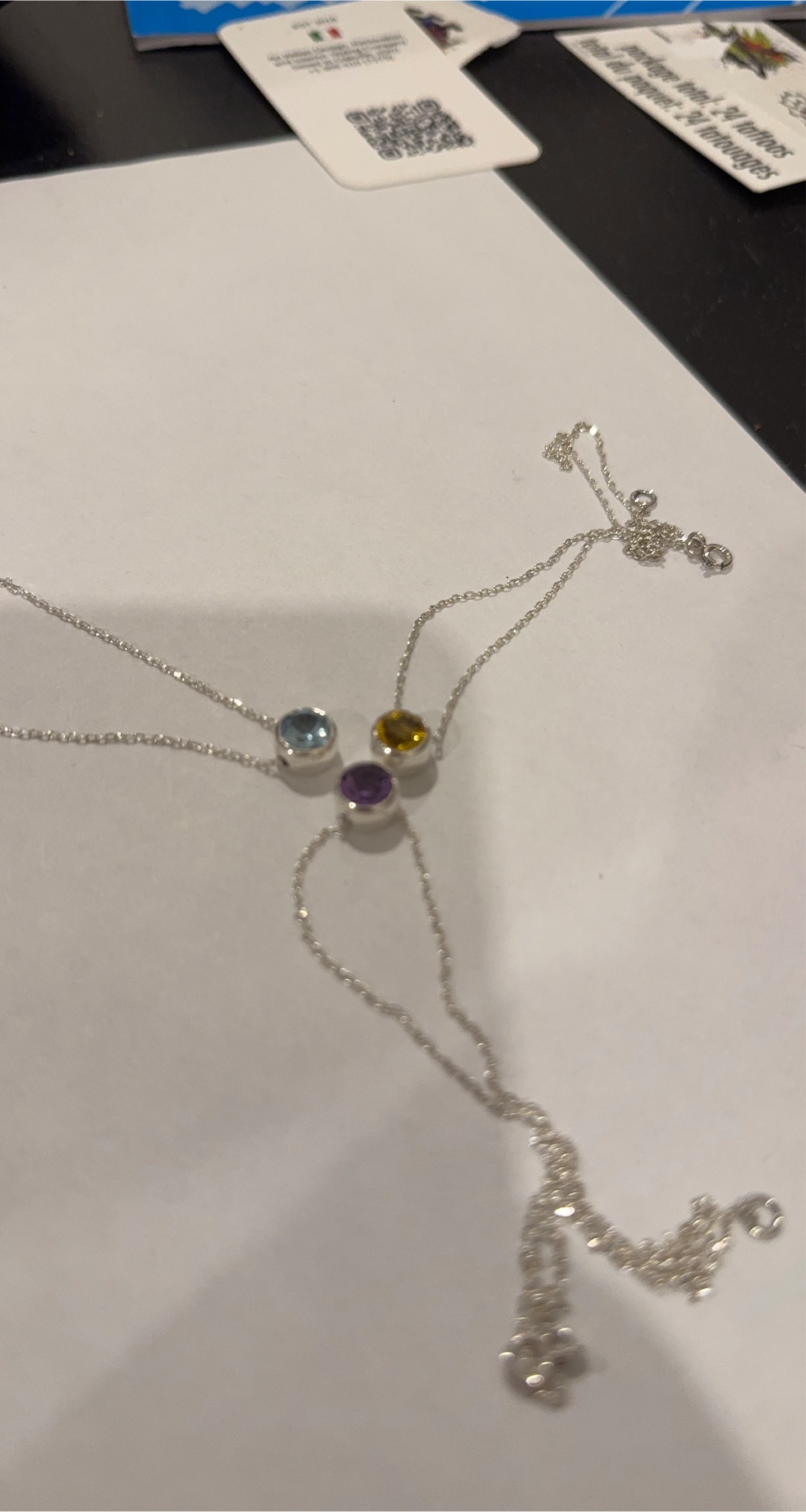 Silver necklace with aquamarine, citrine, and amethyst