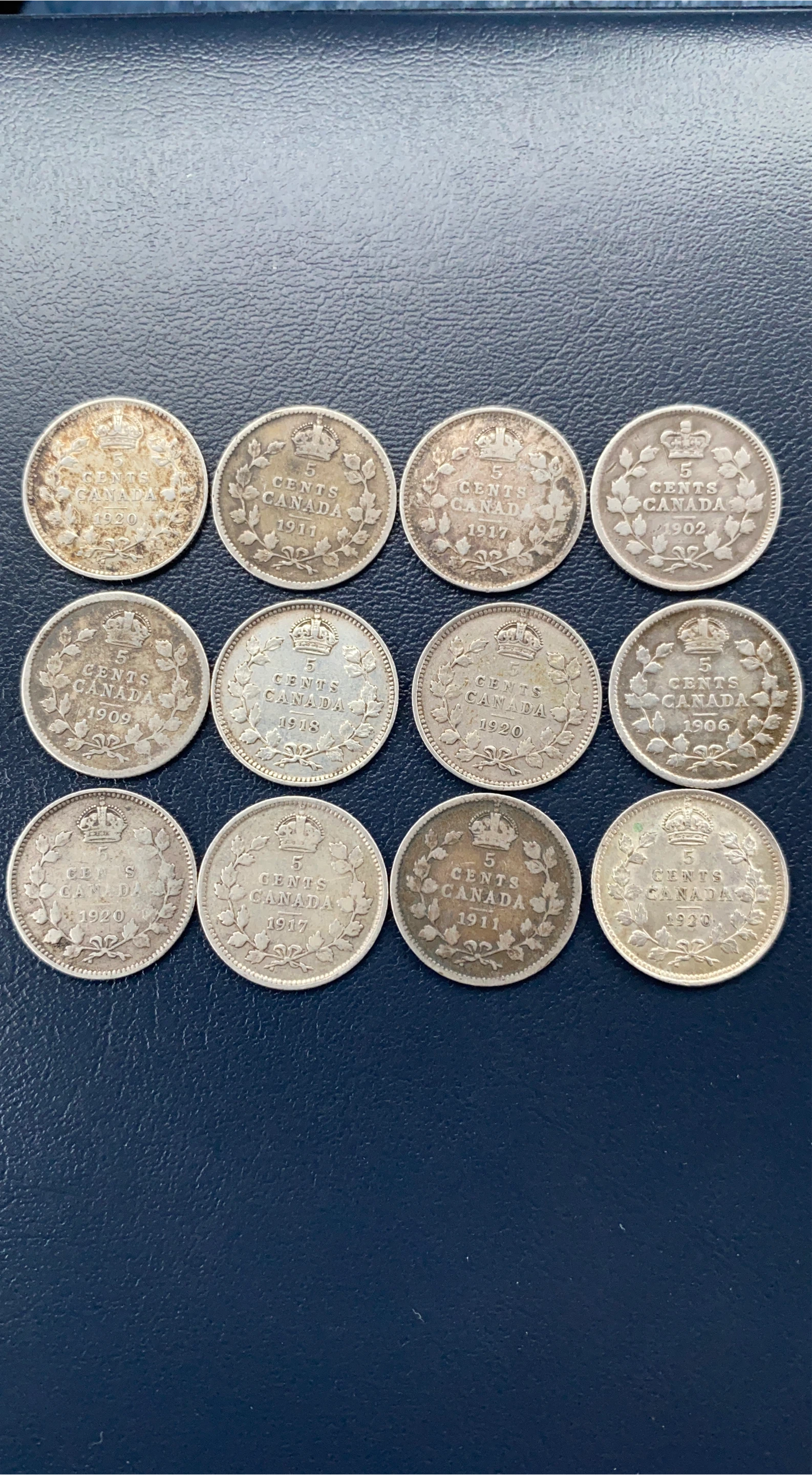 12 pieces Vintage Canadian Silver 5 Cent Coins - Lot of 12