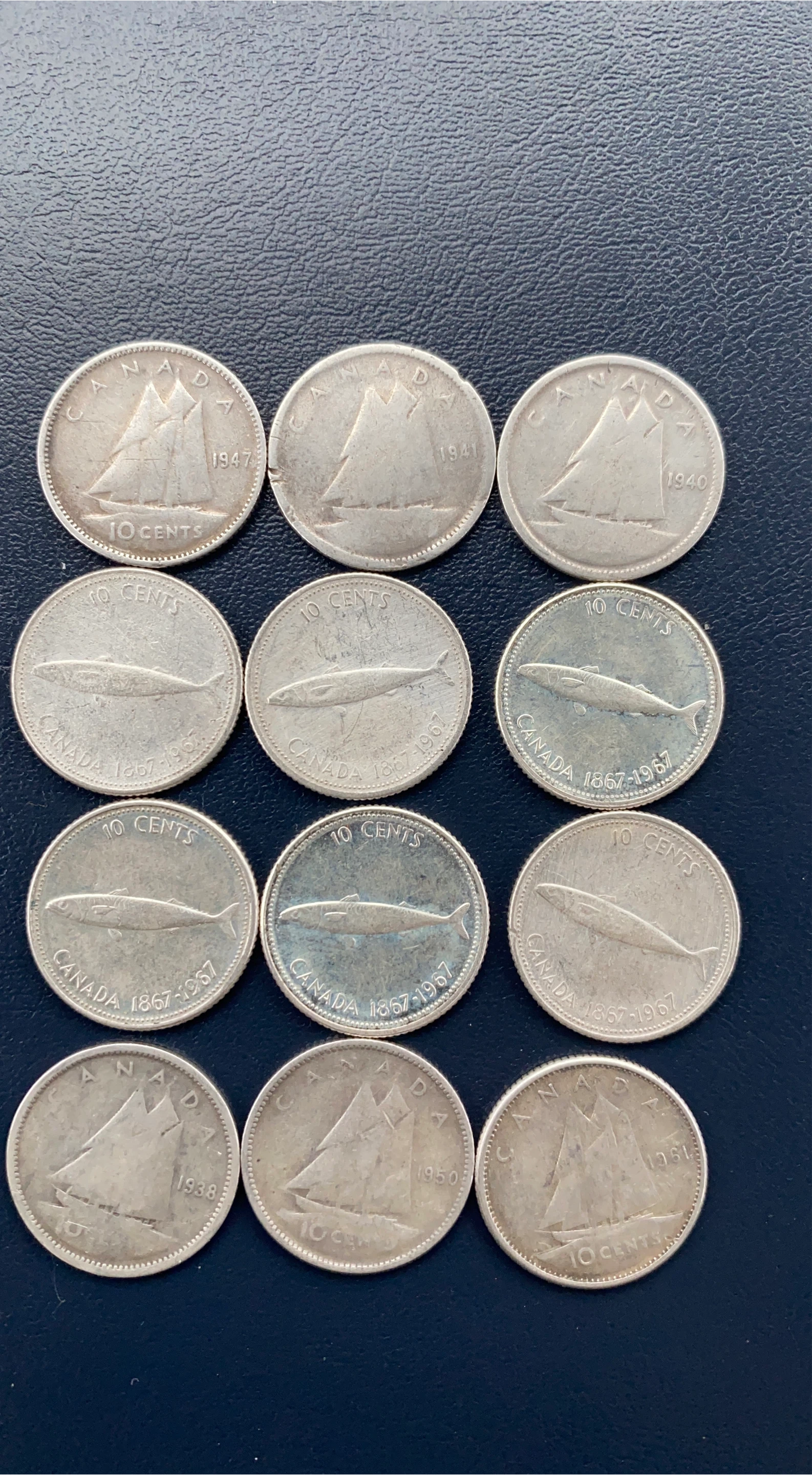 12 pieces Vintage Canadian 10 Cent silver  Coins