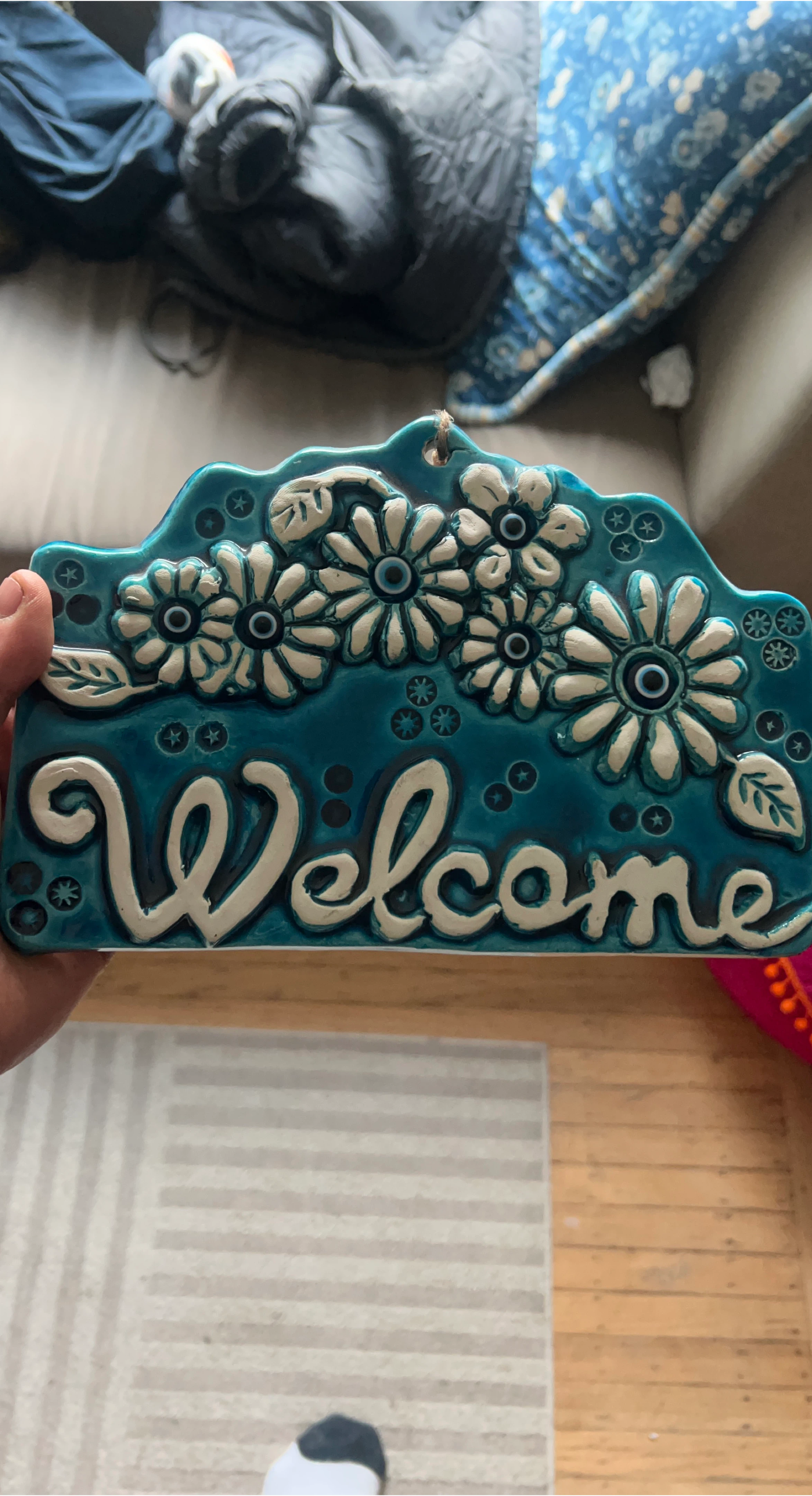 Welcome Sign, Teal and White ceramic