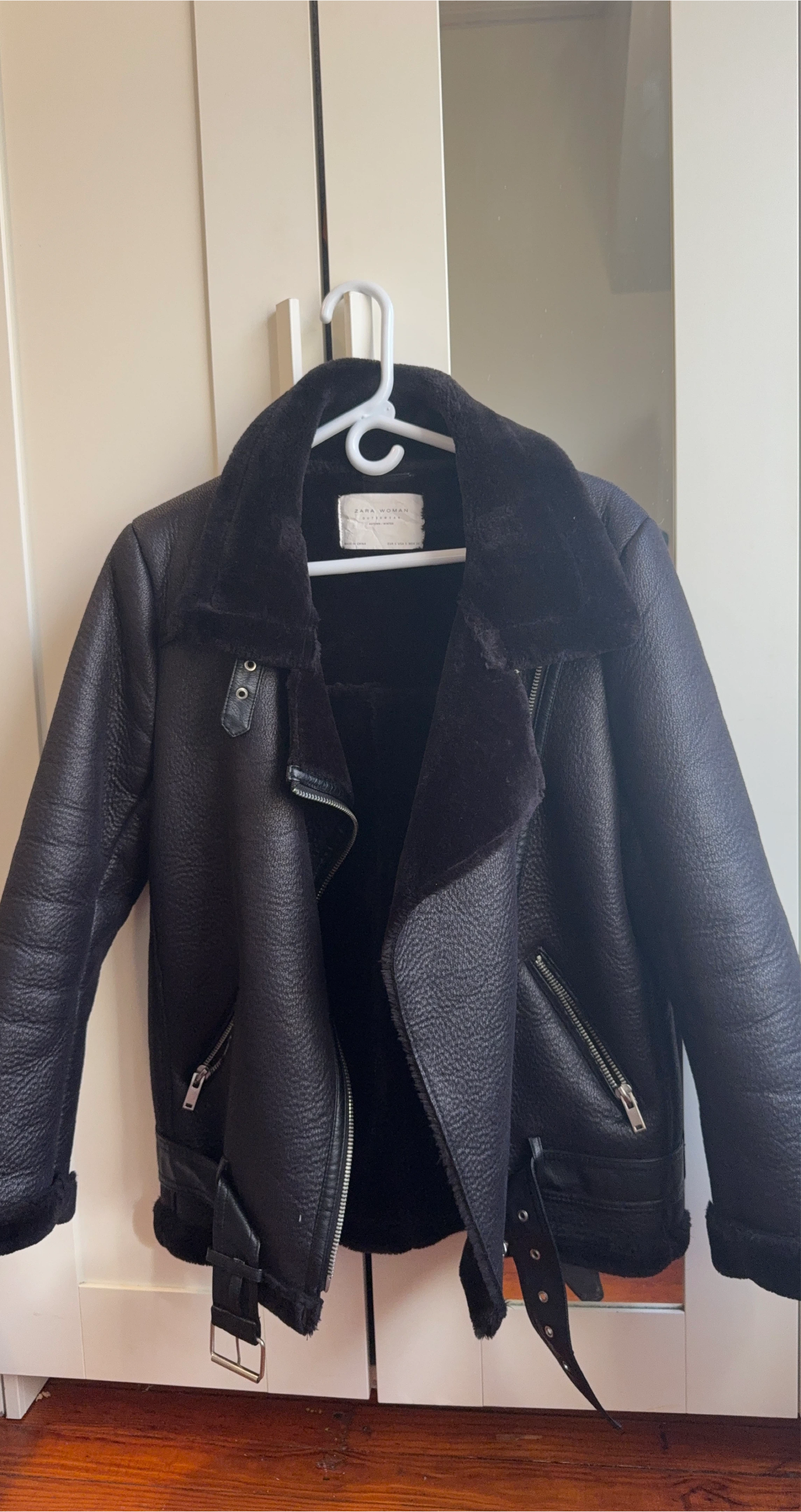 Zara Woman Black Faux Shearling Aviator Jacket