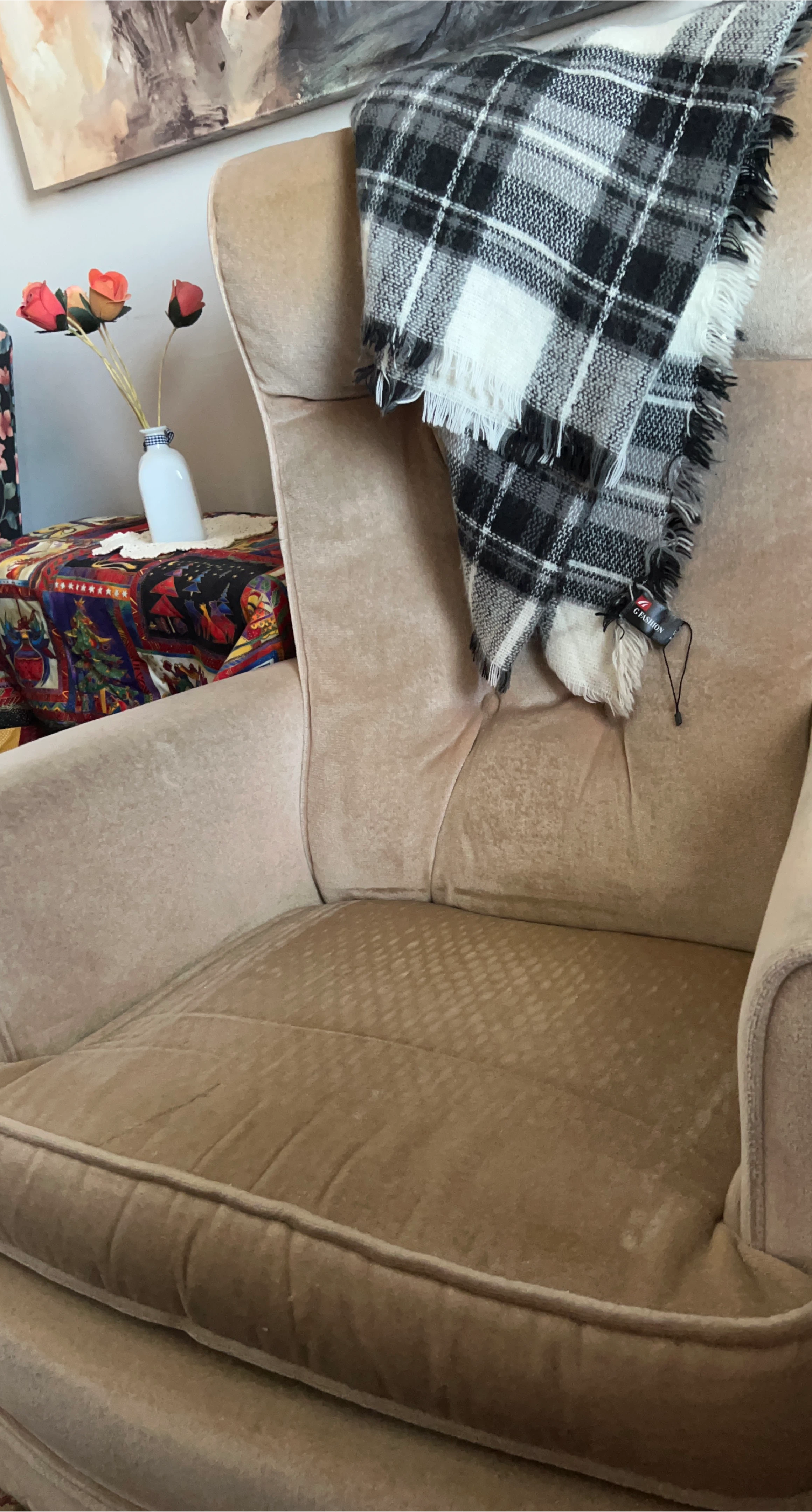 Vintage Wingback Chair - Beige Velvet