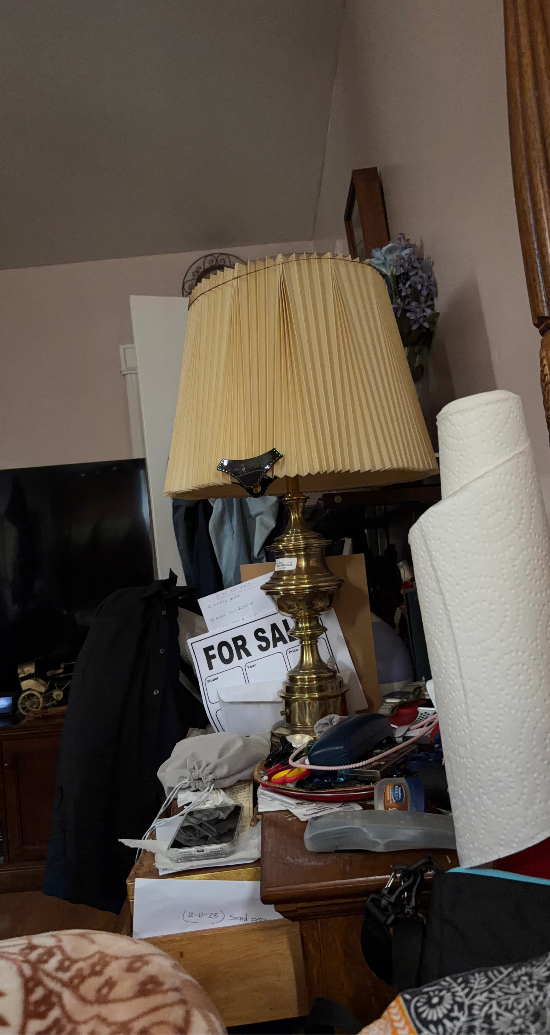 Vintage Brass Table Lamp with Pleated Shade