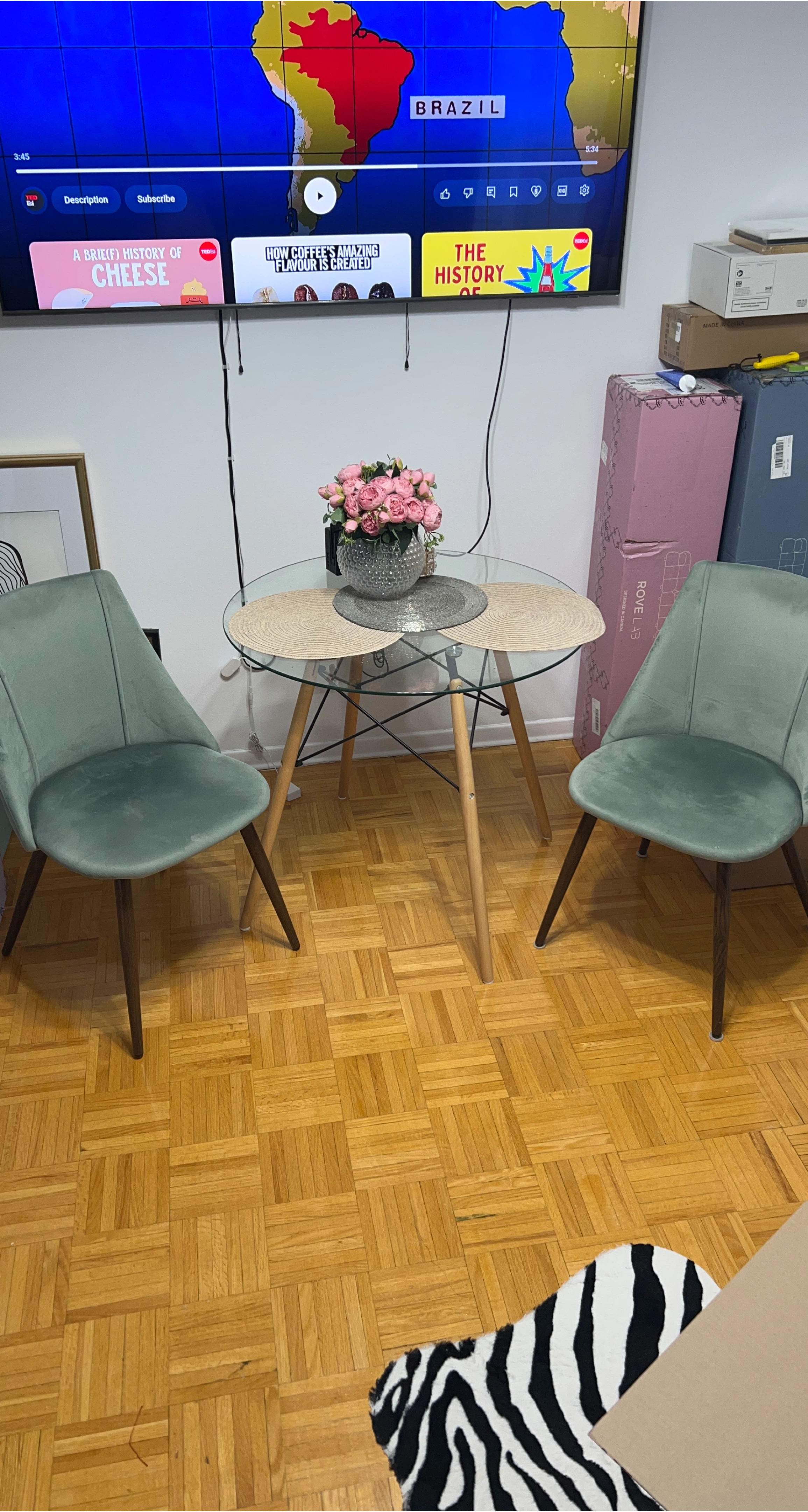 Glass Top Round Table with 2 Green Velvet Chairs