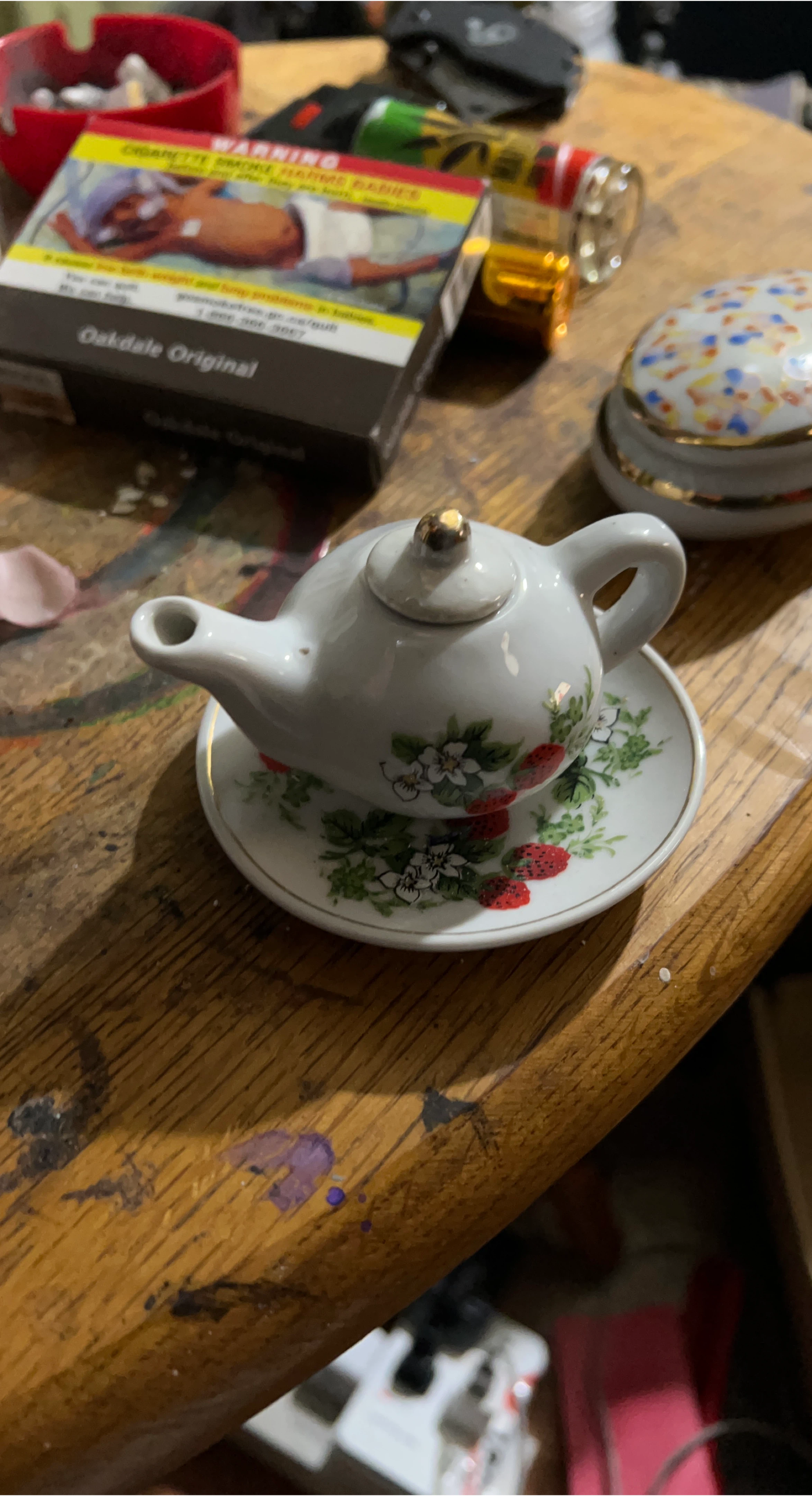 Miniature Teapot and Saucer with Strawberry Design