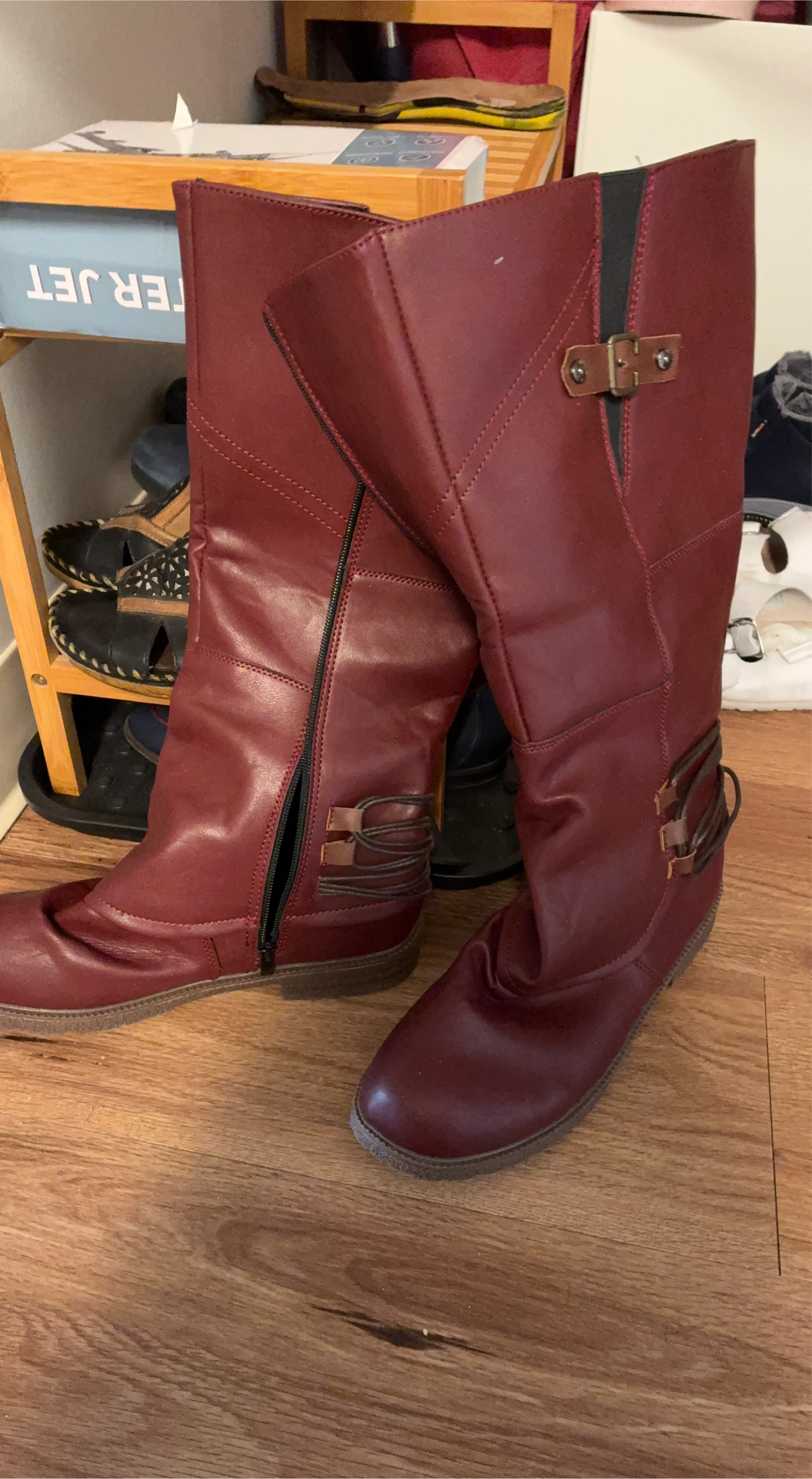 Maroon Faux Leather Knee-High Boots with Buckle Detail