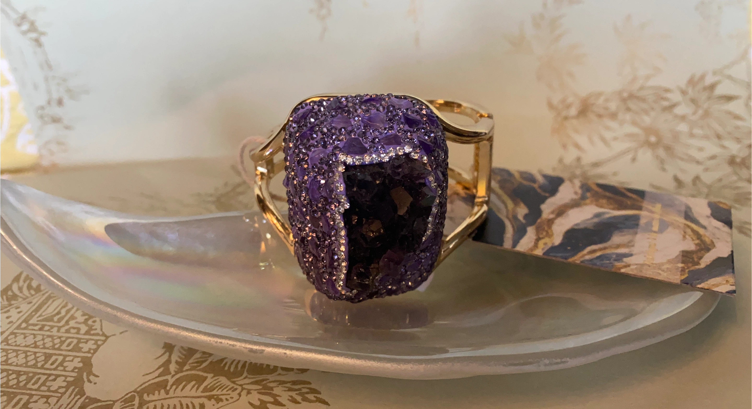 Purple Amethyst & Gold Tone Cuff Bracelet