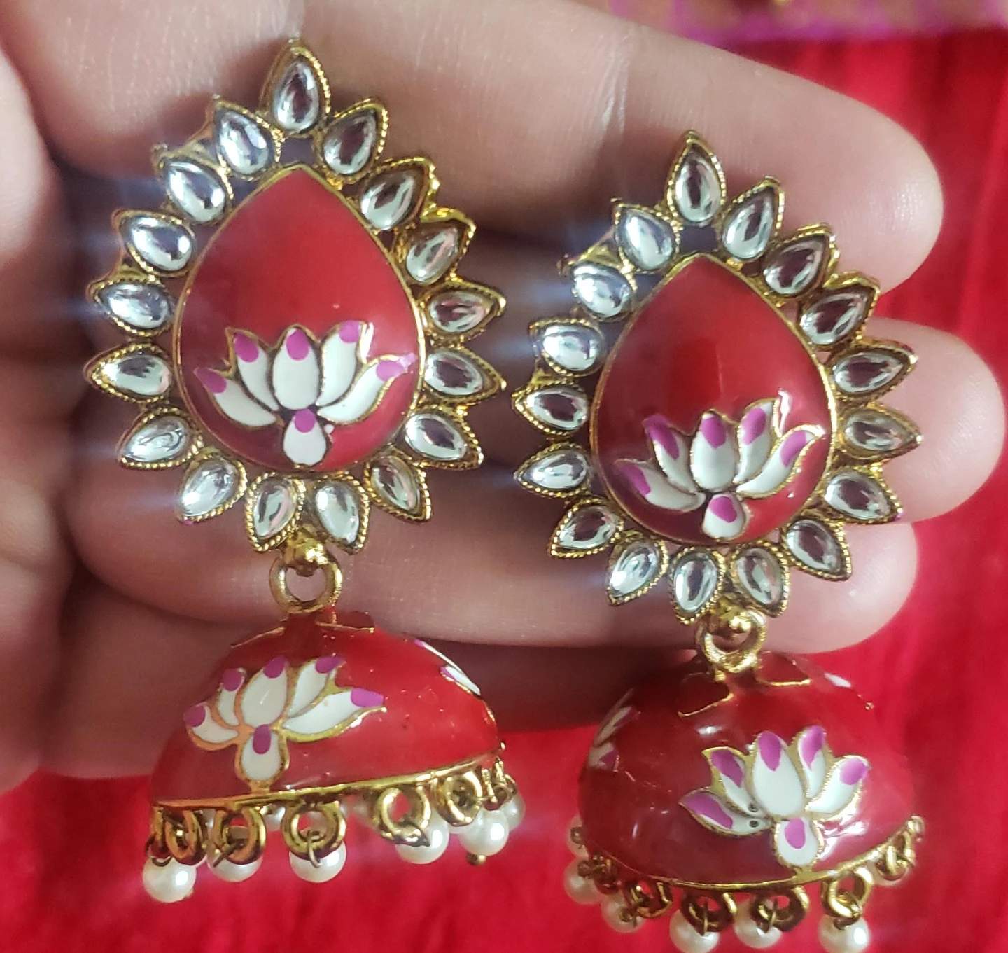 Red Jhumka Earrings with Lotus Design